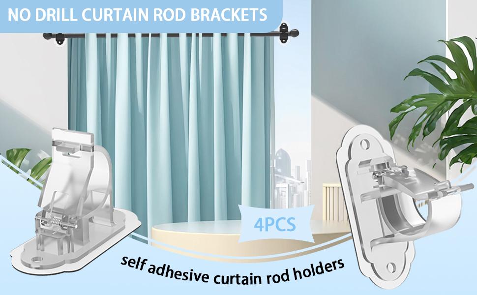 No Drill Curtain Rod Brackets, No Drill Needed Curtain Rod Holders, Adhesive Curtain Rod Holder,Multipurpose Nail Free Stick on Curtain Rod Hooks Self Adhesive Rod Holder Hooks(Clear 4Pcs)