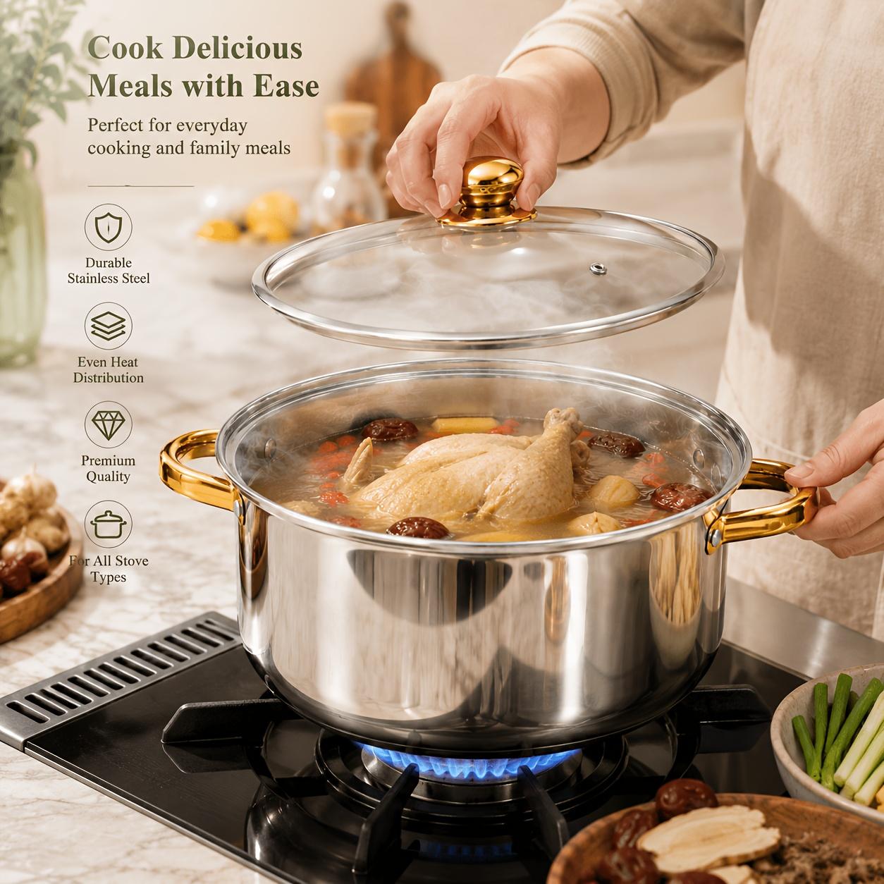 Stainless steel kitchenware set, including saucepan and frying pan set, with lid, non-toxic, oven and dishwasher safe, suitable for induction cooker, fast heating, uniform heat conduction, home cooking, gold, Non Toxic Pots And Pan Set