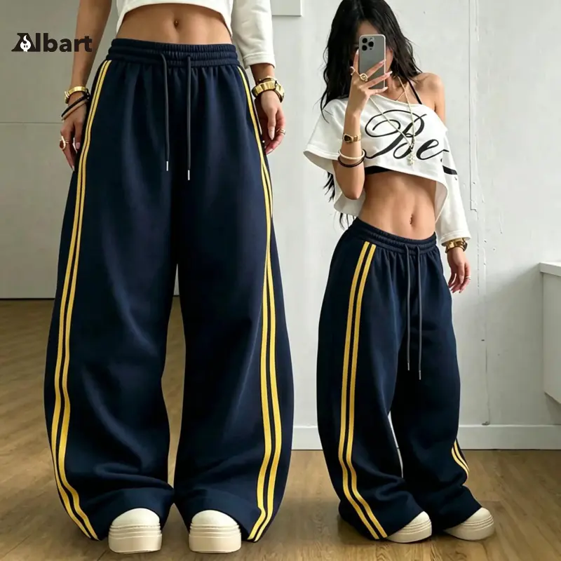 New autumn/winter color-block drawstring loose casual pants; American high-waisted straight wide-leg sports pants with side stripes and pockets; patchwork loose dance sports pants; spring version. womens work travel