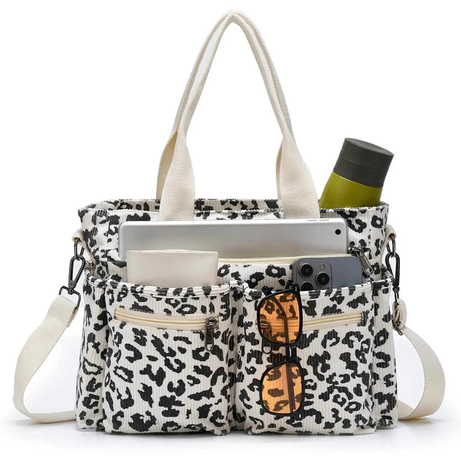 Corduroy Tote Bag for Women Crossbody Purse with Zipper, Aesthetic Multi Pocket Work School Bag, Gifts for Mom Teacher