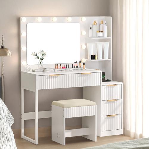 Ktaxon Pink Modern Fluted Makeup Vanity Desk with Mirror Lights Power Outlet 7 Drawers 4 Shelves Charging Station for Bedroom Ktaxon Pink Modern Fluted Makeup Vanity Desk with Mirror Lights Power Outlet 7 Drawers 4 Shelves Charging Station for Bedroom