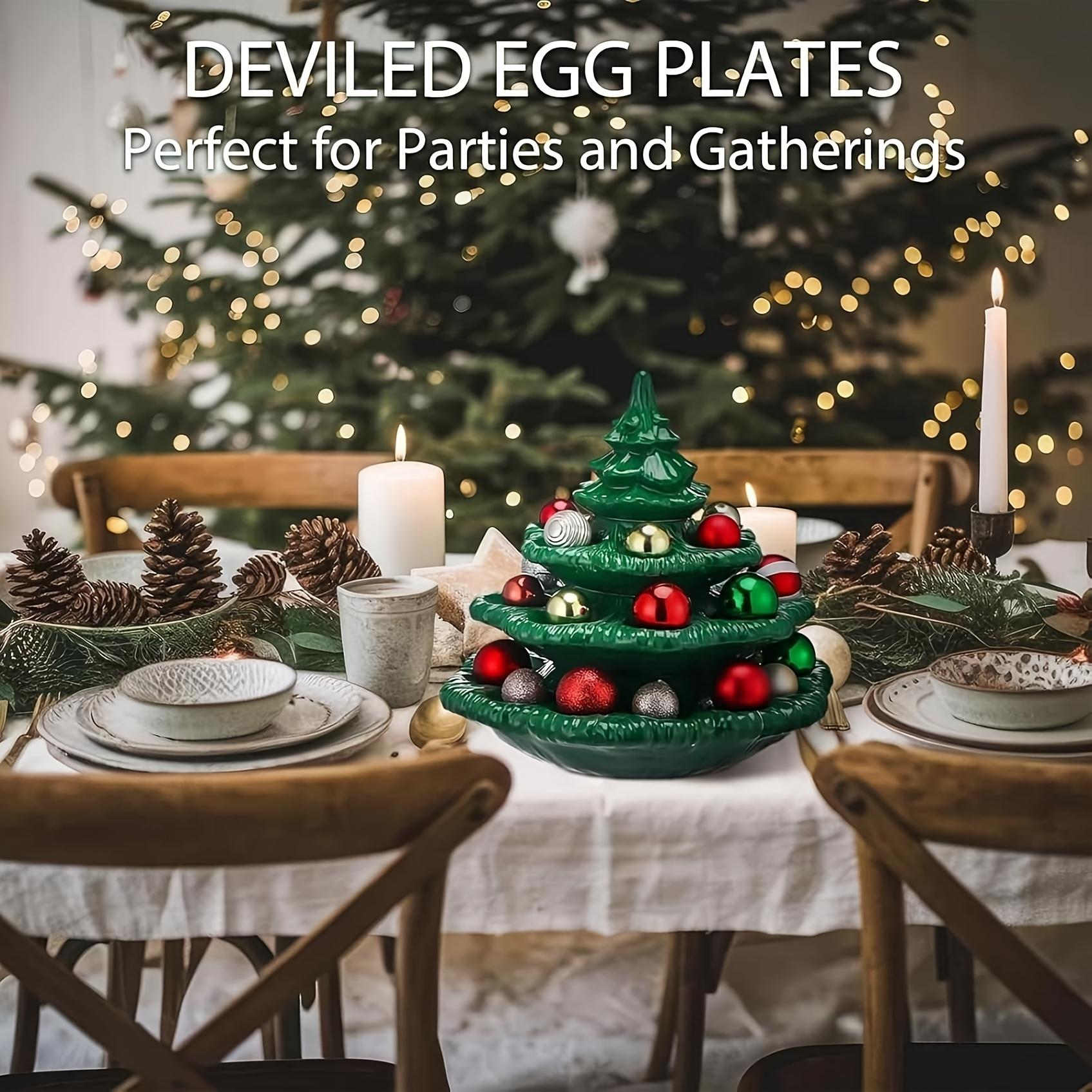 Ceramic Platter Shaped Like a Christmas Tree for Serving Deviled Eggs, Featuring a Reusable Oval Tray with a Lid, Designed in a Green Plant Style, And Includes Three Tiers for Presentation. (Non- Contact)