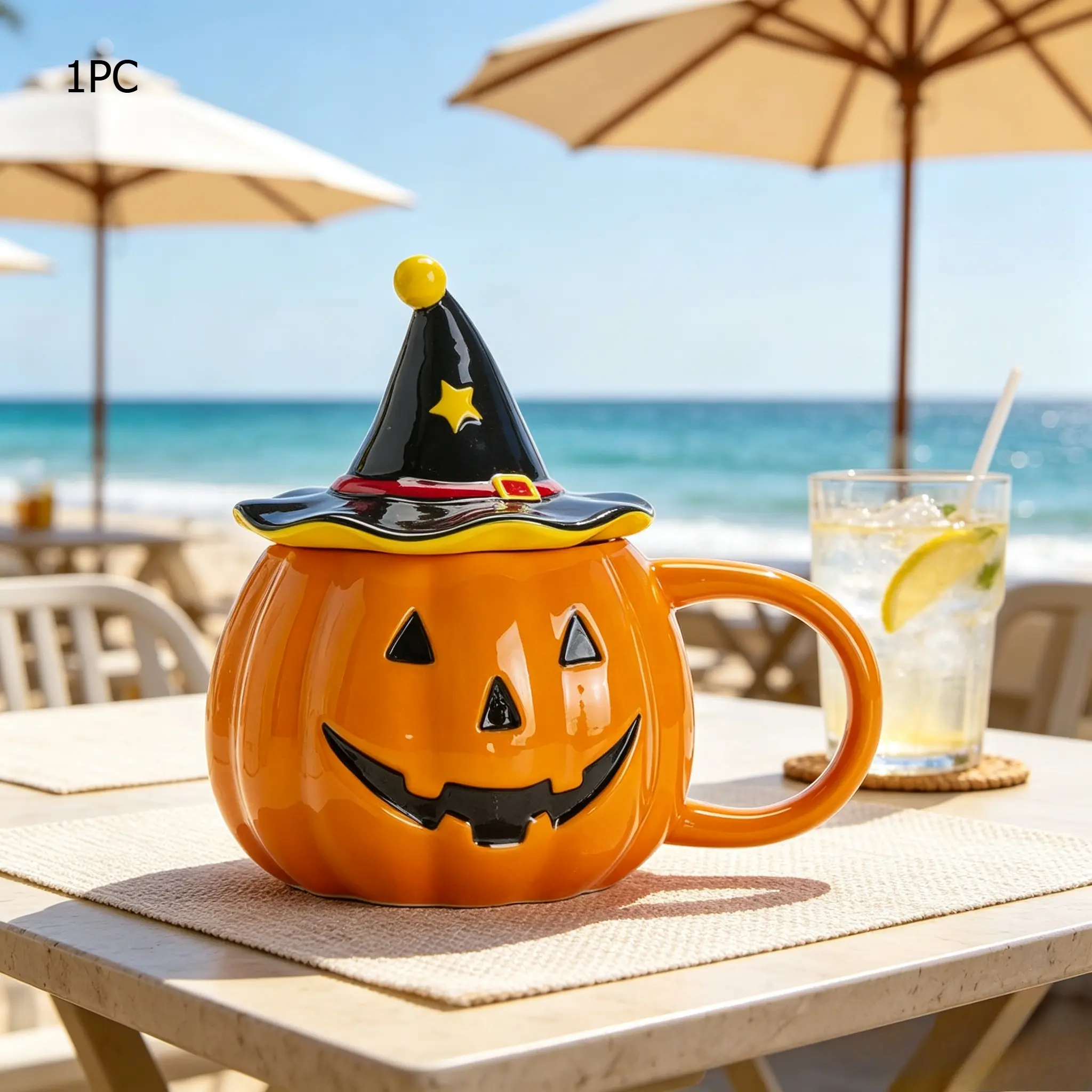 Halloween Pumpkin Mug with Lid, Handmade Ceramic Coffee Cup, 11.8 oz Horror Pumpkin Novelty Coffee Cups, Trick or Treat Tea Mugs for Fall Halloween Party Home Decor