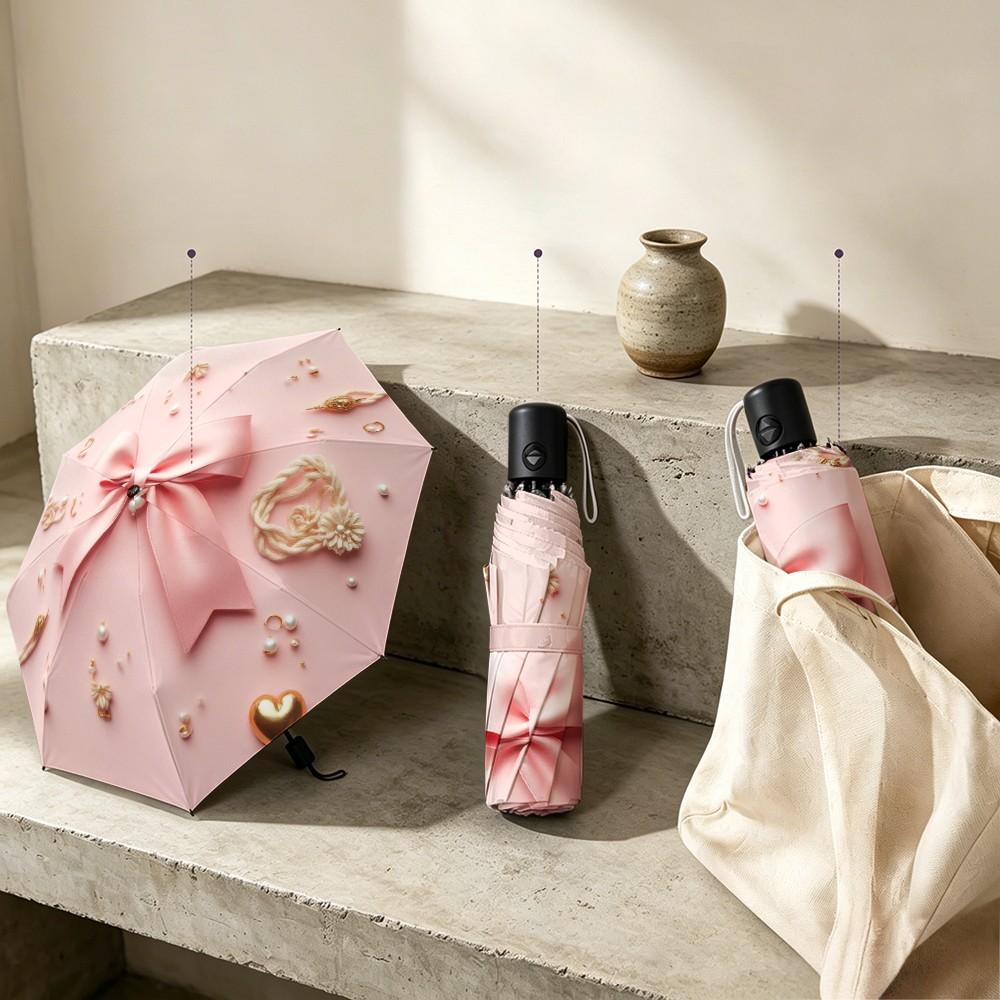 Bow Pearl Heart Folding Umbrella, Automatic Open, Iron Frame, Portable, Suitable for All Seasons, Travel, Office, Formal Events, Portable Outdoor Umbrella
