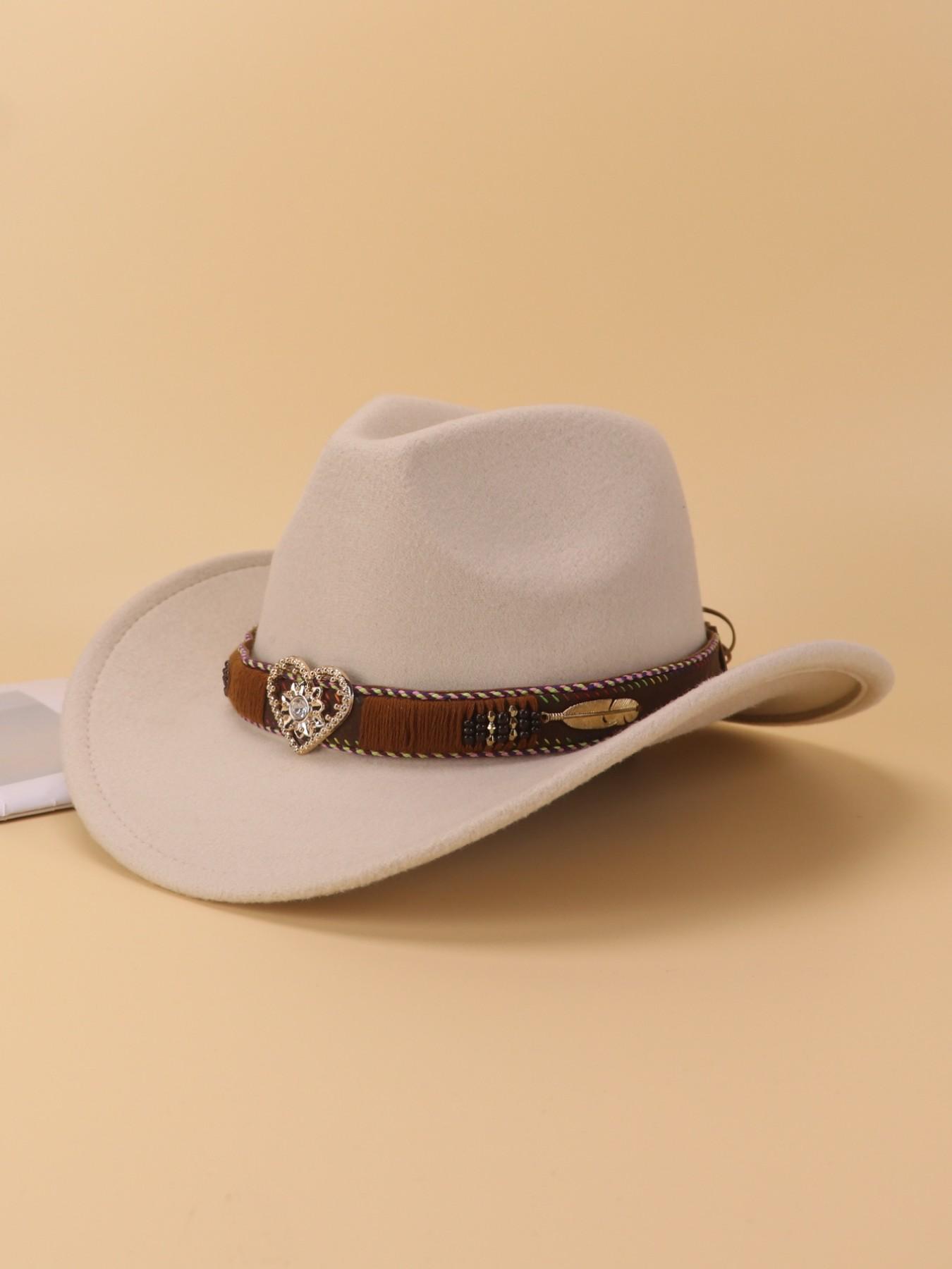 1PCS Unisex Rhinestone Heart Decorative Western Cowboy Hat, Vintage Polyester Style, Perfect for Western Theme Parties, Casual Wear, Daily Use