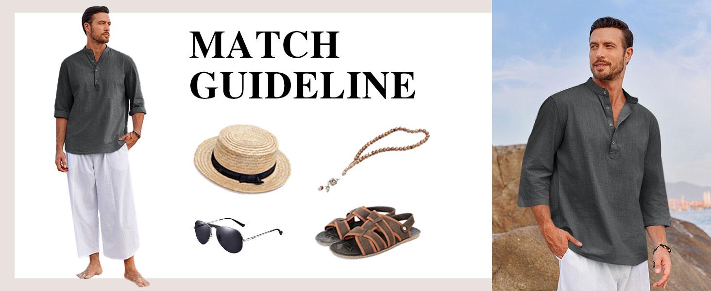 Runcati Mens Linen Shirts Casual Cotton 3/4 Sleeve Regular-Fit Henley T-Shirt Summer Lightweight Beach Yoga Tops