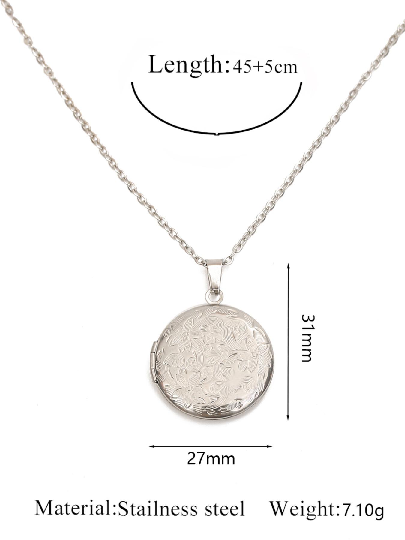 1Pc 304 Stainless Steel Engraved Flower Locket Necklace, Vintage Round Photo Locket Pendant Necklace, Personalized Memory Keepsake Necklace for Women, Hypoallergenic Tarnish Resistant
