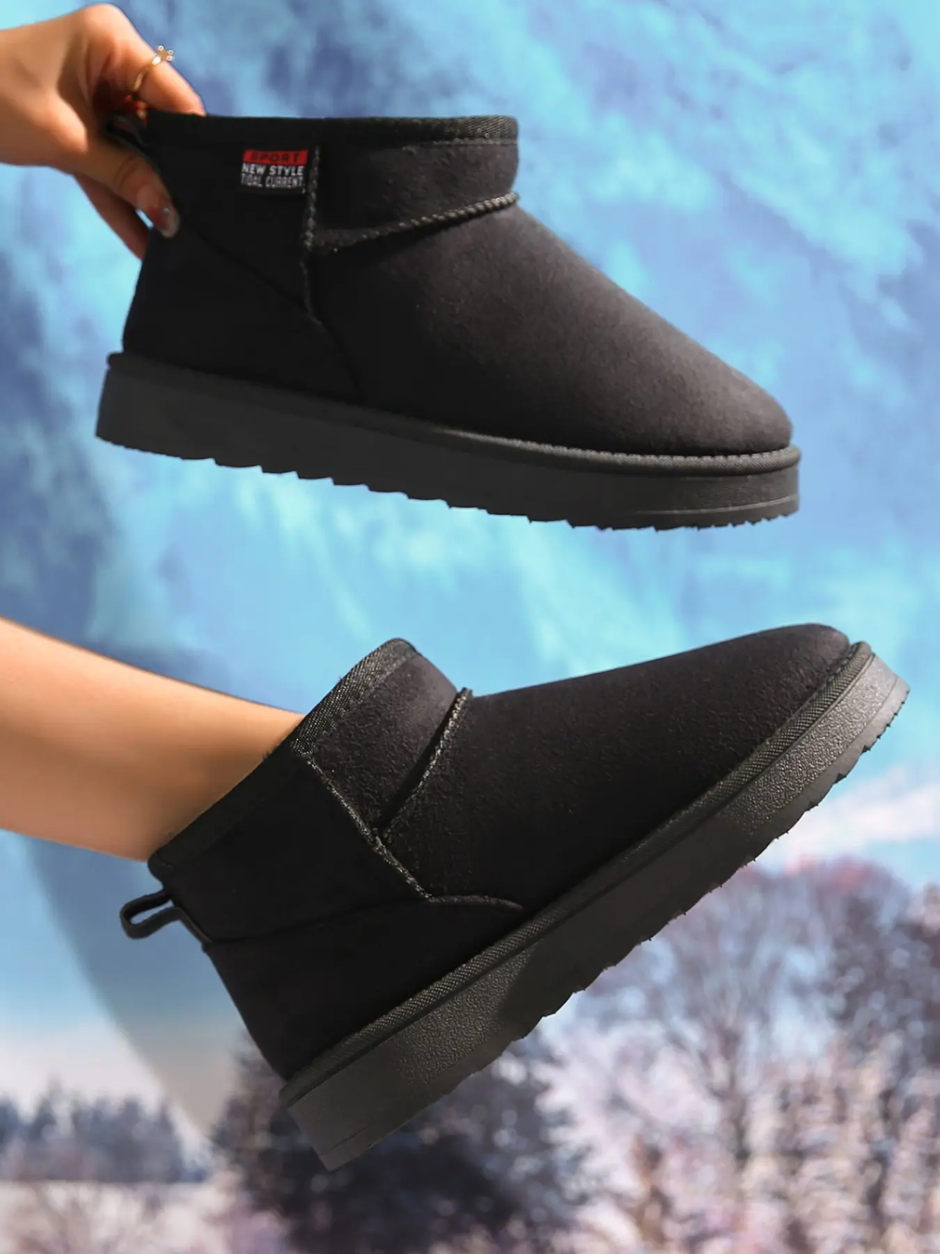 Women's Minimalist Short Winter Snow Boots, Slip-On Plush Lined, Thick-Bottom Warm Ankle Booties, Textile Upper, Rubber Sole, Plain Footwear Boot