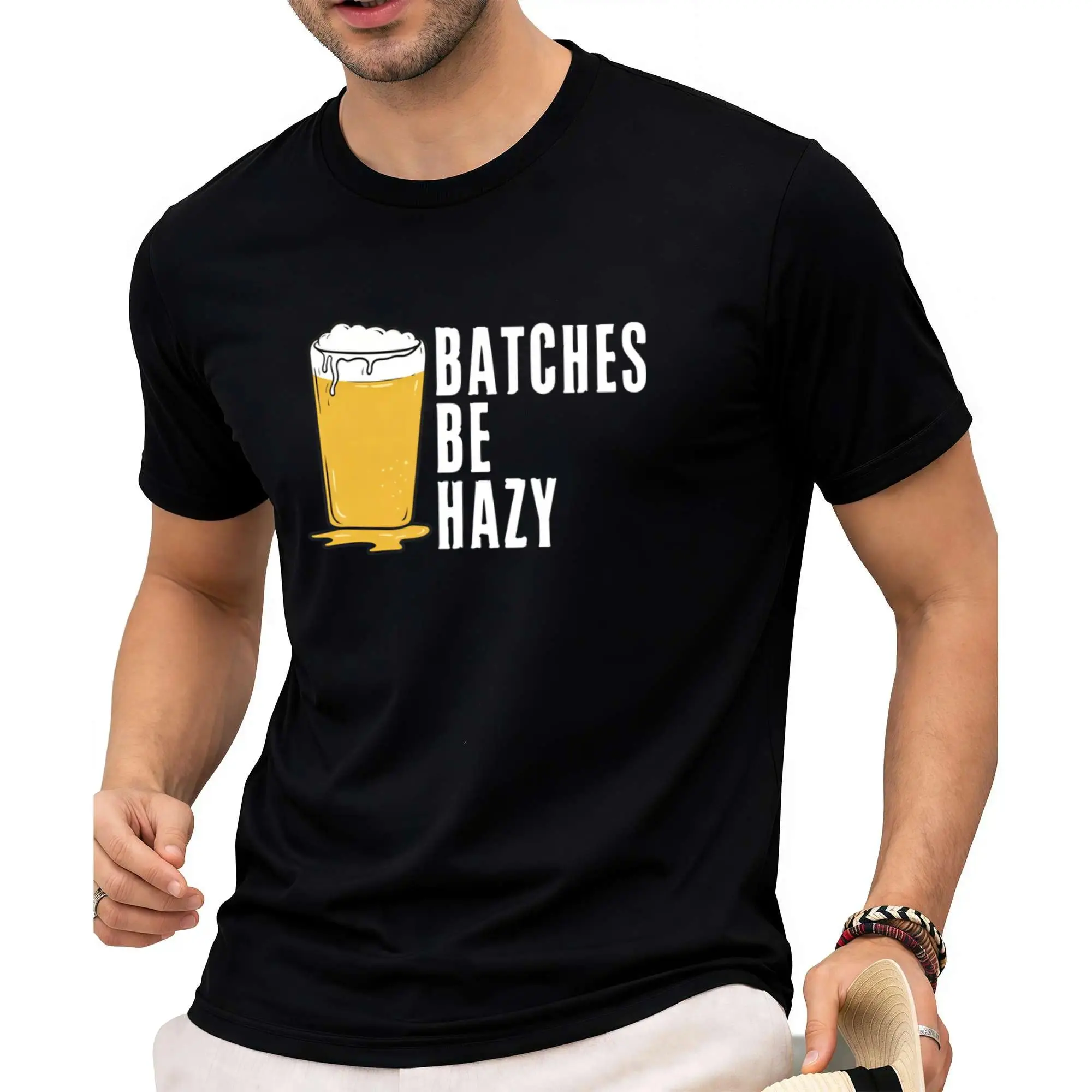 Men's Pure Cotton T-Shirt - Handmade Beer "Batches Be Hazy" IPA Light Beer Pattern, Sports Casual Short Sleeve Crew Neck Top Suitable for Golf and All Seasons, Machine Washable, Beer Themed T-Shirt, All-Season Clothing, The Cloudier the shirts graphic