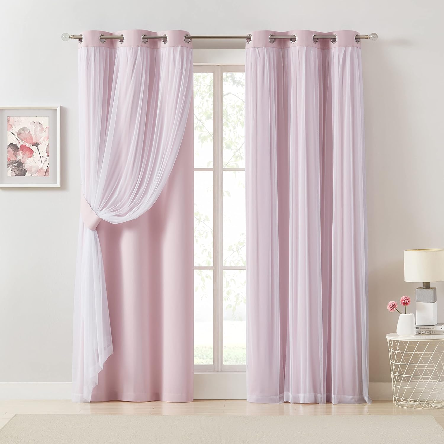 French Romantic Aesthetic Two-Layer Cloth Light-Blocking Finished Product Curtain, Fashionable Hole Drapery for Living Room, Stylish and Trendy Window Covering