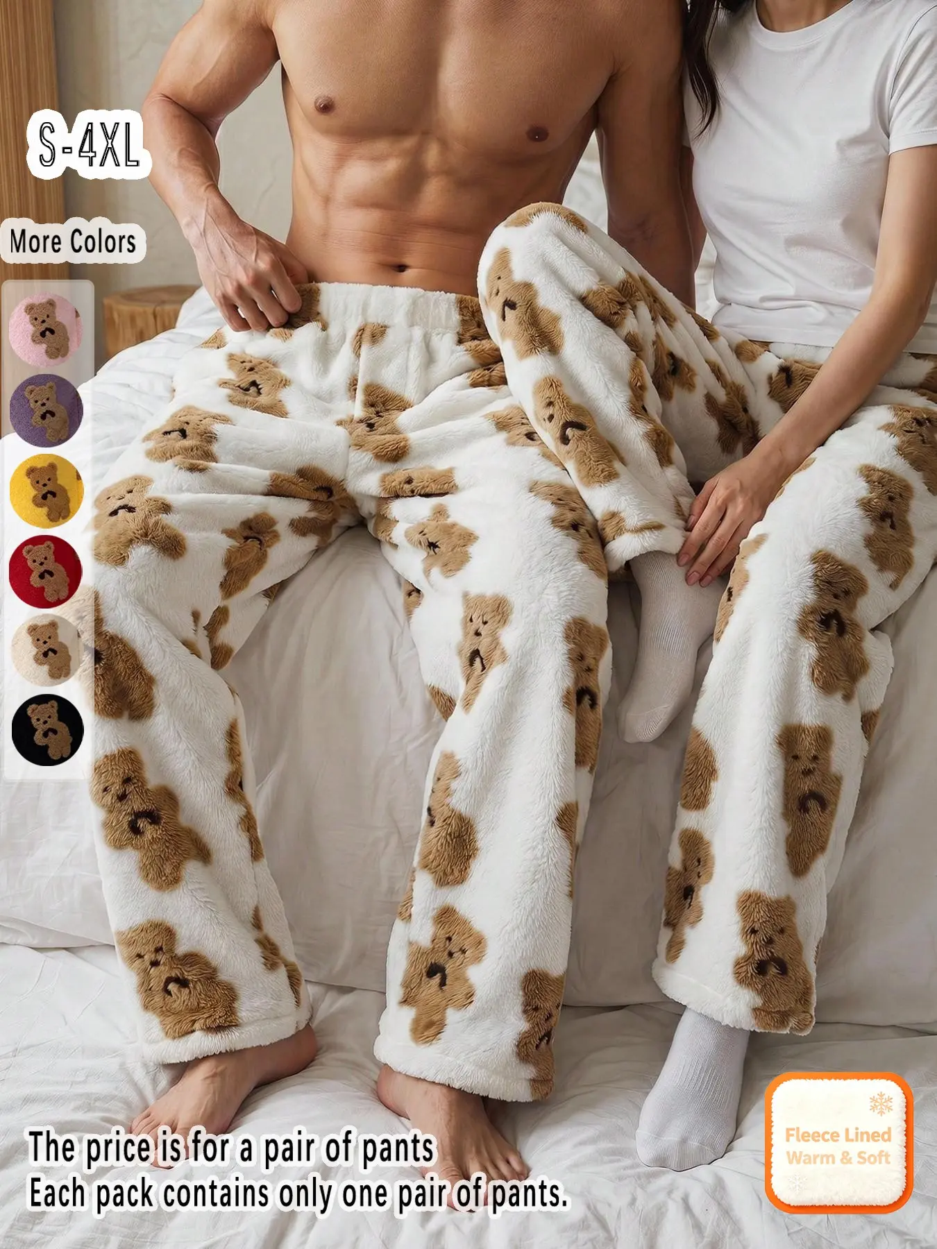 Couple's Autumn/Winter Cartoon Bear Pattern Stylish Warm Fleece-Lined Pajama Pants: Wide-leg design, flannel fabric, warm, soft, and comfortable, suitable for everyday casual wear at home. A perfect gift for the family or couple.Women's ordered separately