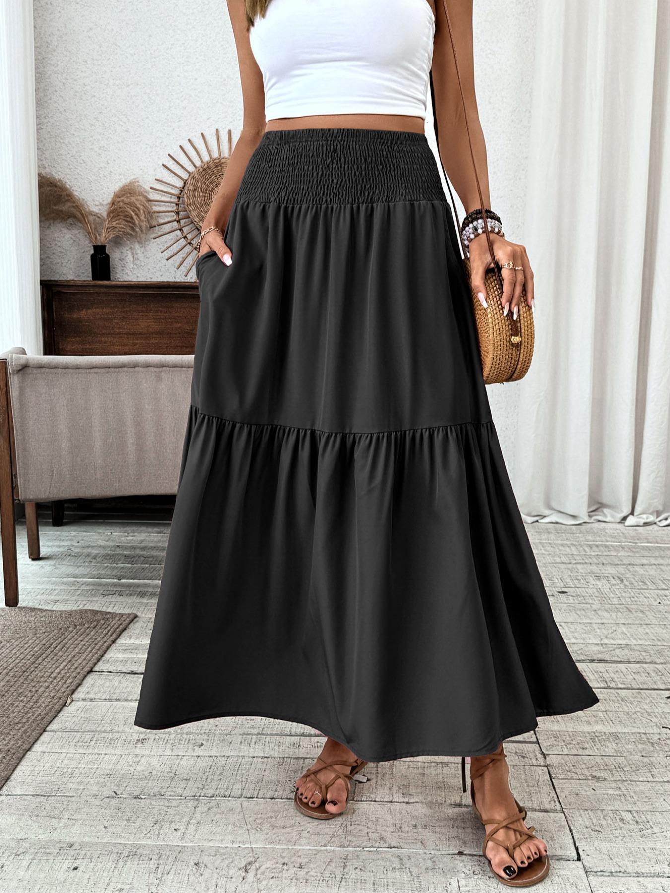 Women's Floral Casual A-Line Ruffled Skirt, Elastic Waist Pockets, Leaf Hem, Long Fitted Skirt, Fashionable Mid-Length Dress