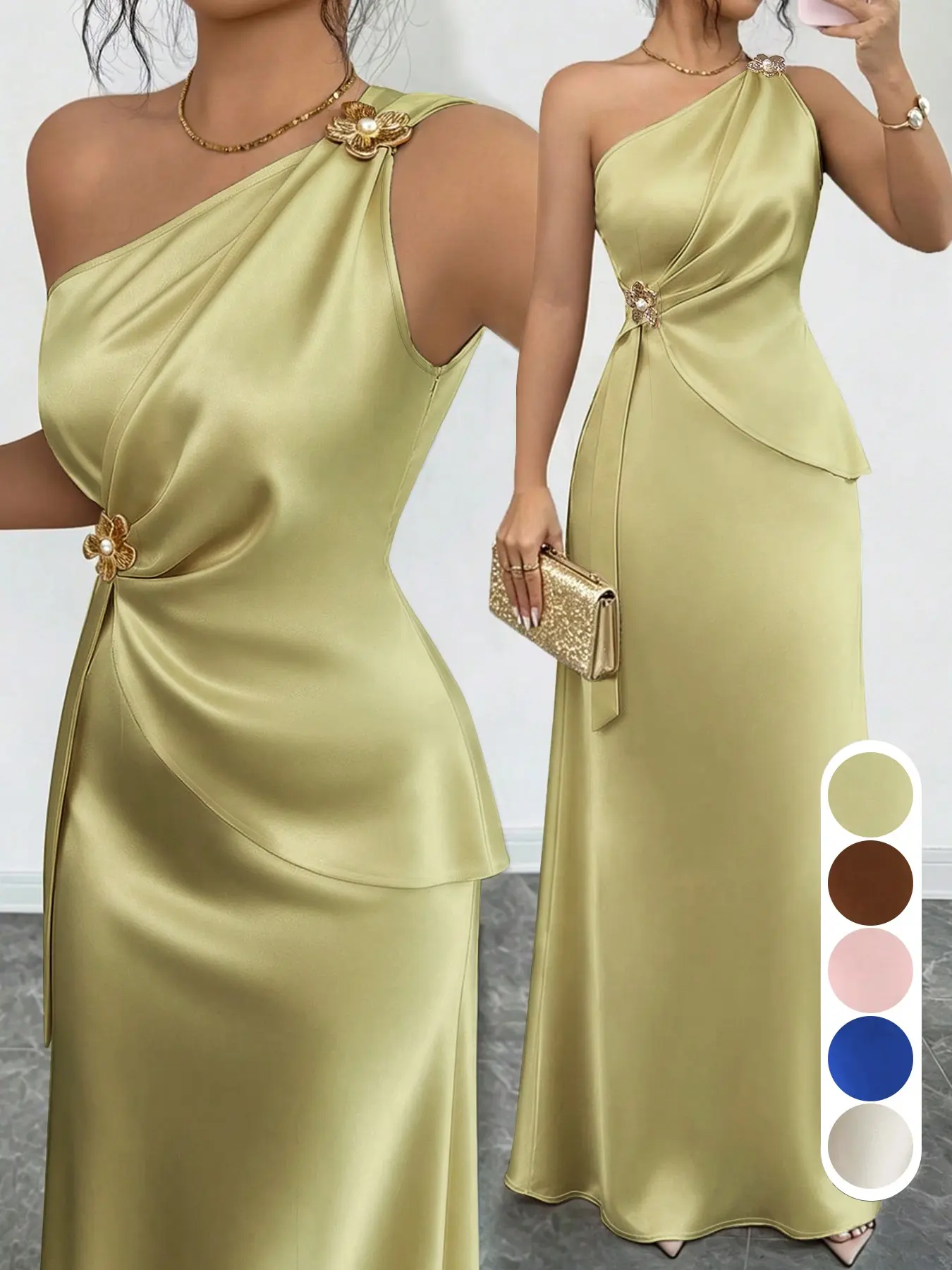 Single-shoulder satin long dress - women's style - metal fasteners - pleated waist - asymmetrical design - formal occasion gown - bridesmaid dress - evening dress - long dress