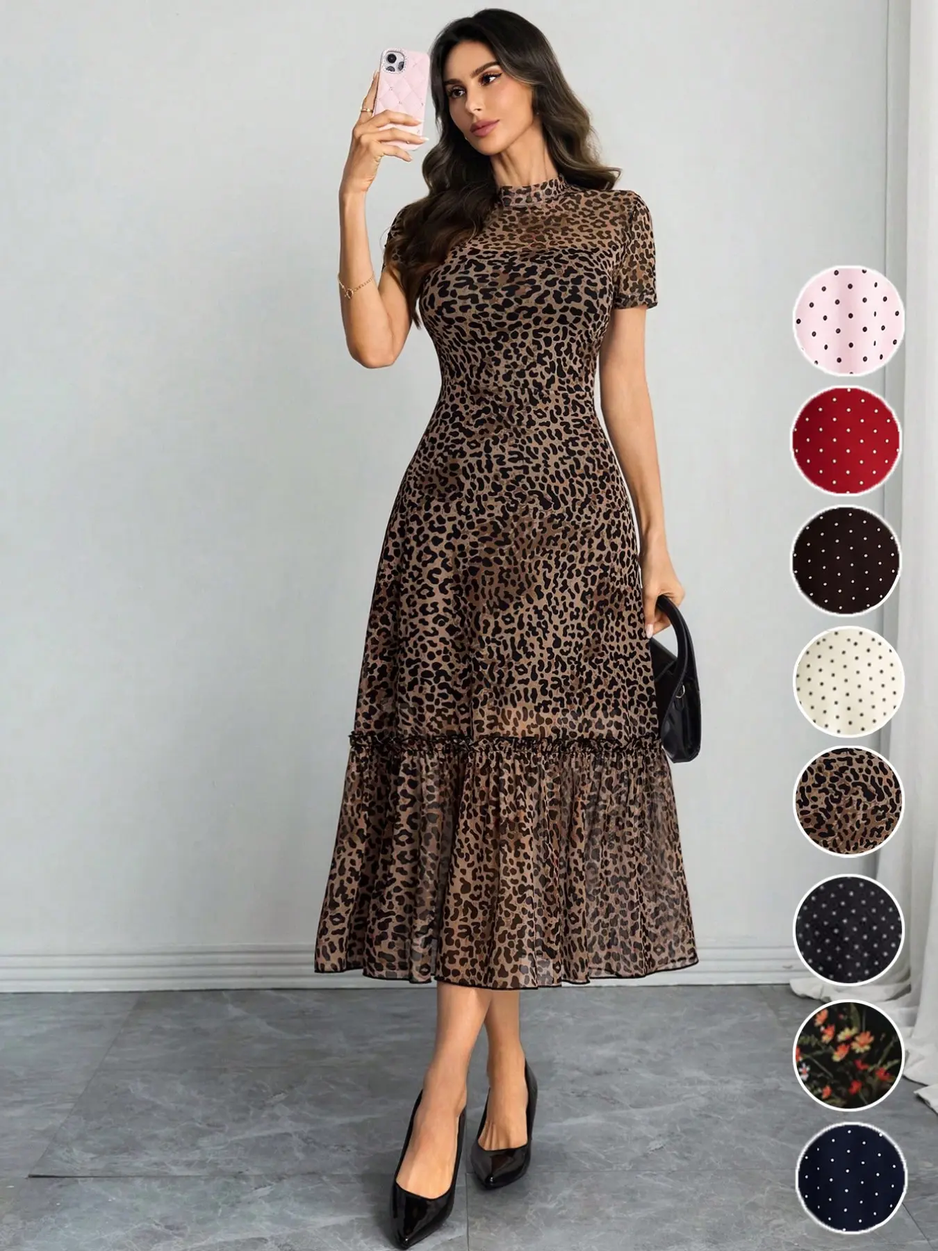 Women's Sexy Leopard Print Elegant Round Neck Mesh Skirt Dress, Stylish Casual Fashion, Perfect for Parties and Daily Wear, Elegance