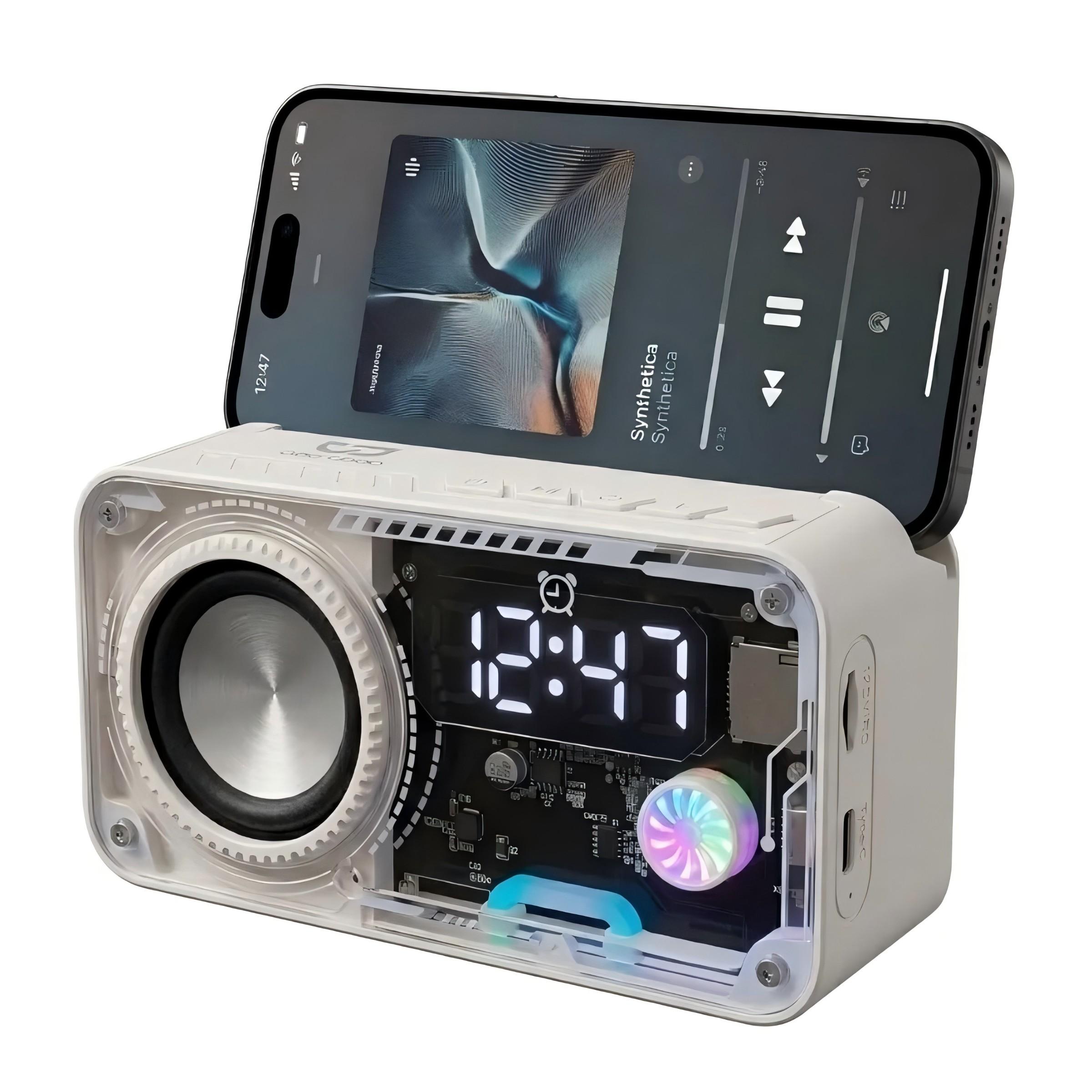 Transparent Mech Wireless Bluetooth-compatible Speaker with Phone Stand, RGB LED Night Light, Portable Stereo Sound System, Long Battery Life