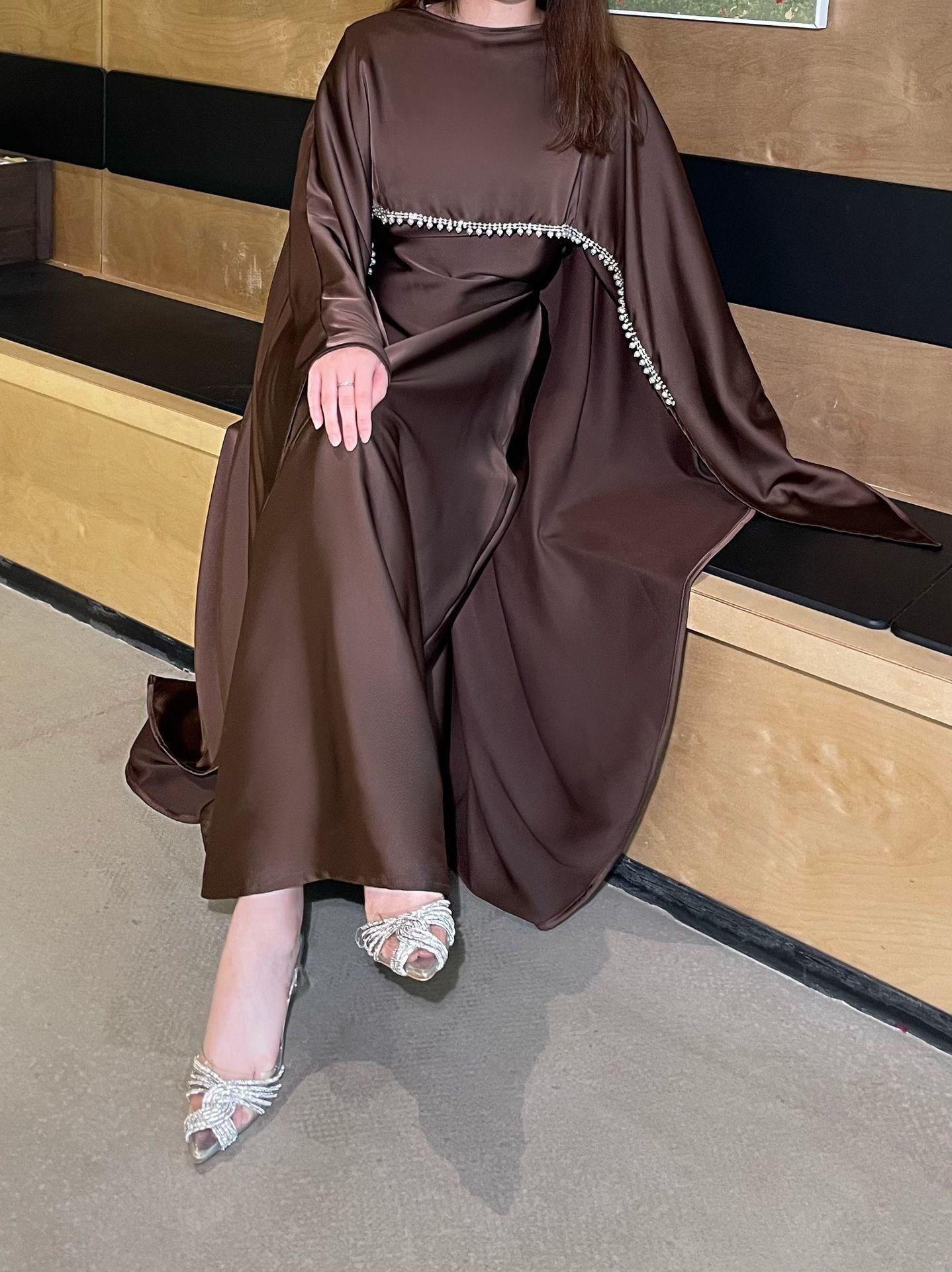 Luxury Satin Cape Abaya Dress for Women, Modest Evening Gown for Eid, Wedding and Party