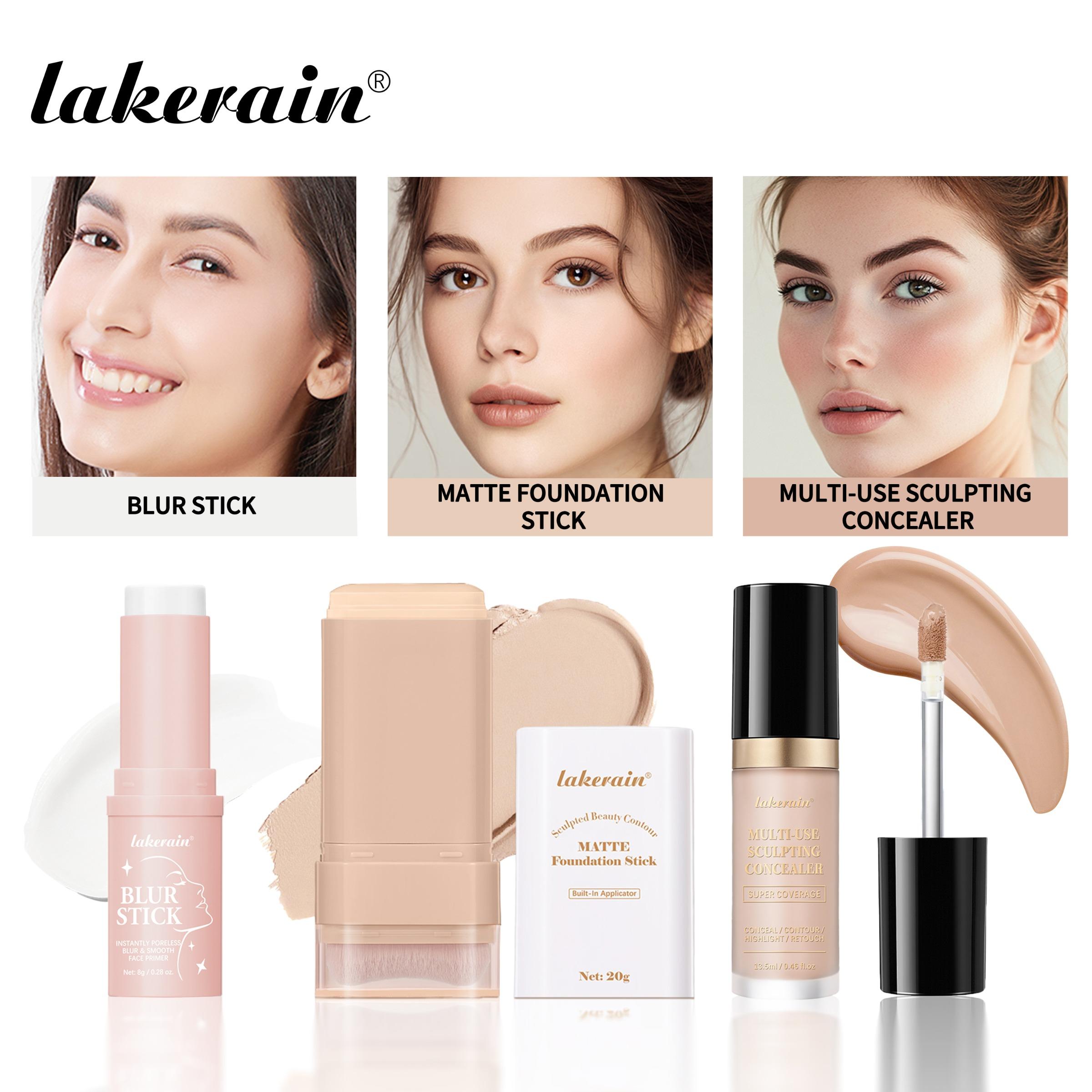Face Base 3 in 1, Pore Minimizing Primer Stick + Multi-Use Concealer & Highlighter (Dual-Use) + Matte Foundation Stick with Brush, Long-Lasting Makeup Set, Waterproof & Sweat-proof, Full Coverage, Flawless Base Makeup Face Makeup Sets