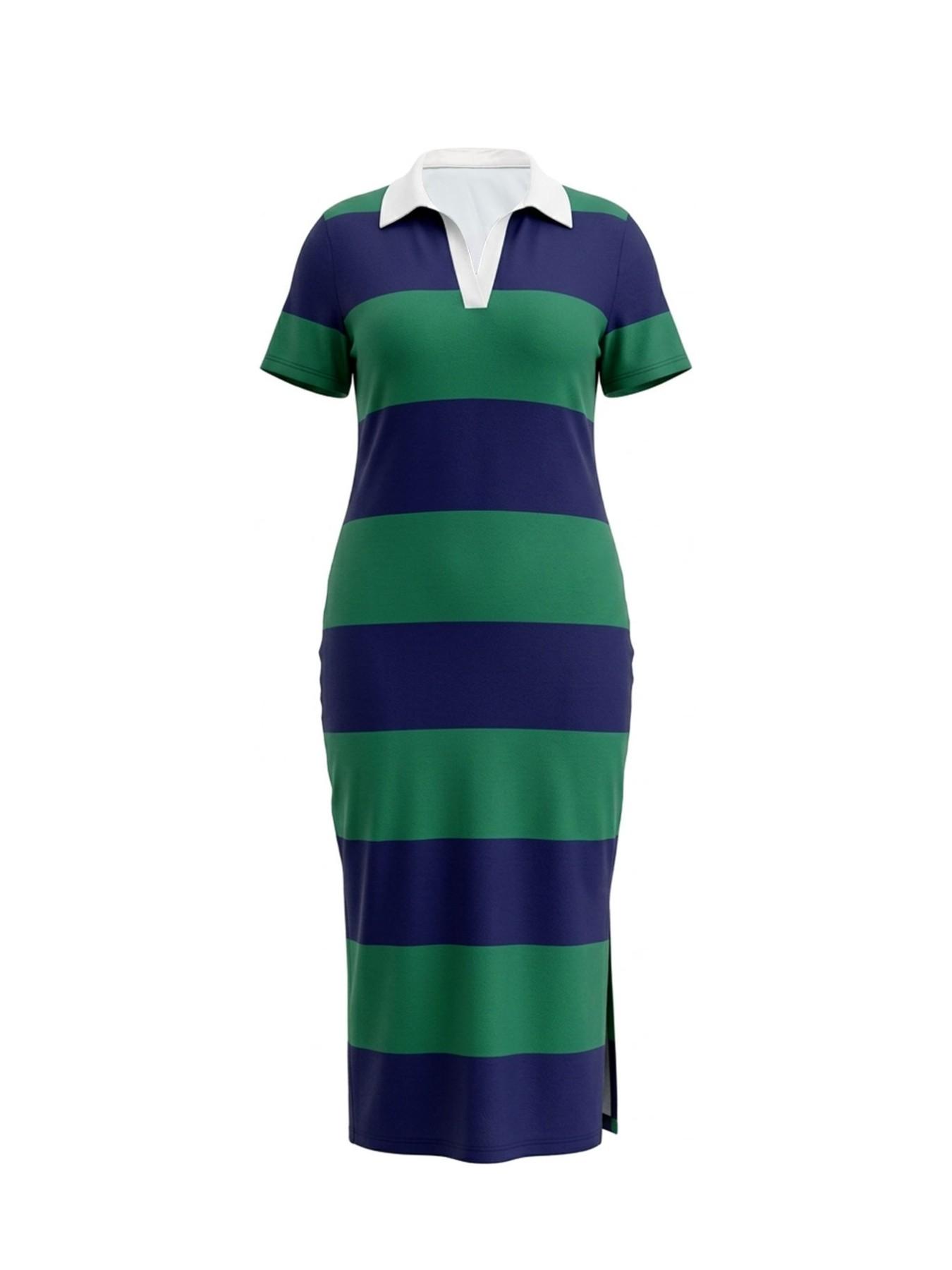 Plus Size Women's Striped Polo Neck Bodycon Dress, Casual Slim-Fit Short Sleeve Side Slit Midi Dress for Daily Wear