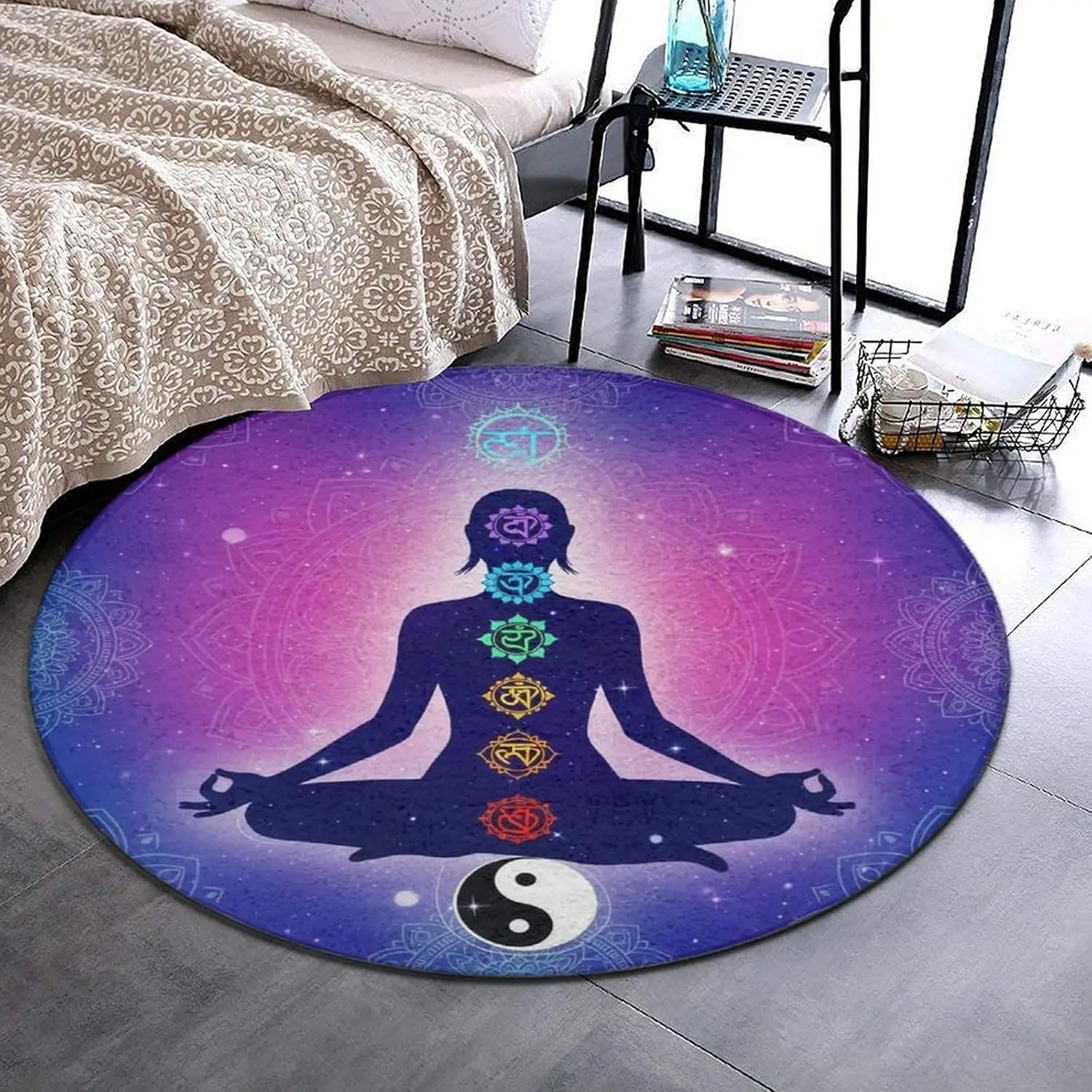 Round Flannel Rug Anti Slip Round Chair Mat, Chakra Yoga Meditation Lotus Blue Mandala Soft Flannel Protector Rug for Office & Home Floor Use, 24 Inches