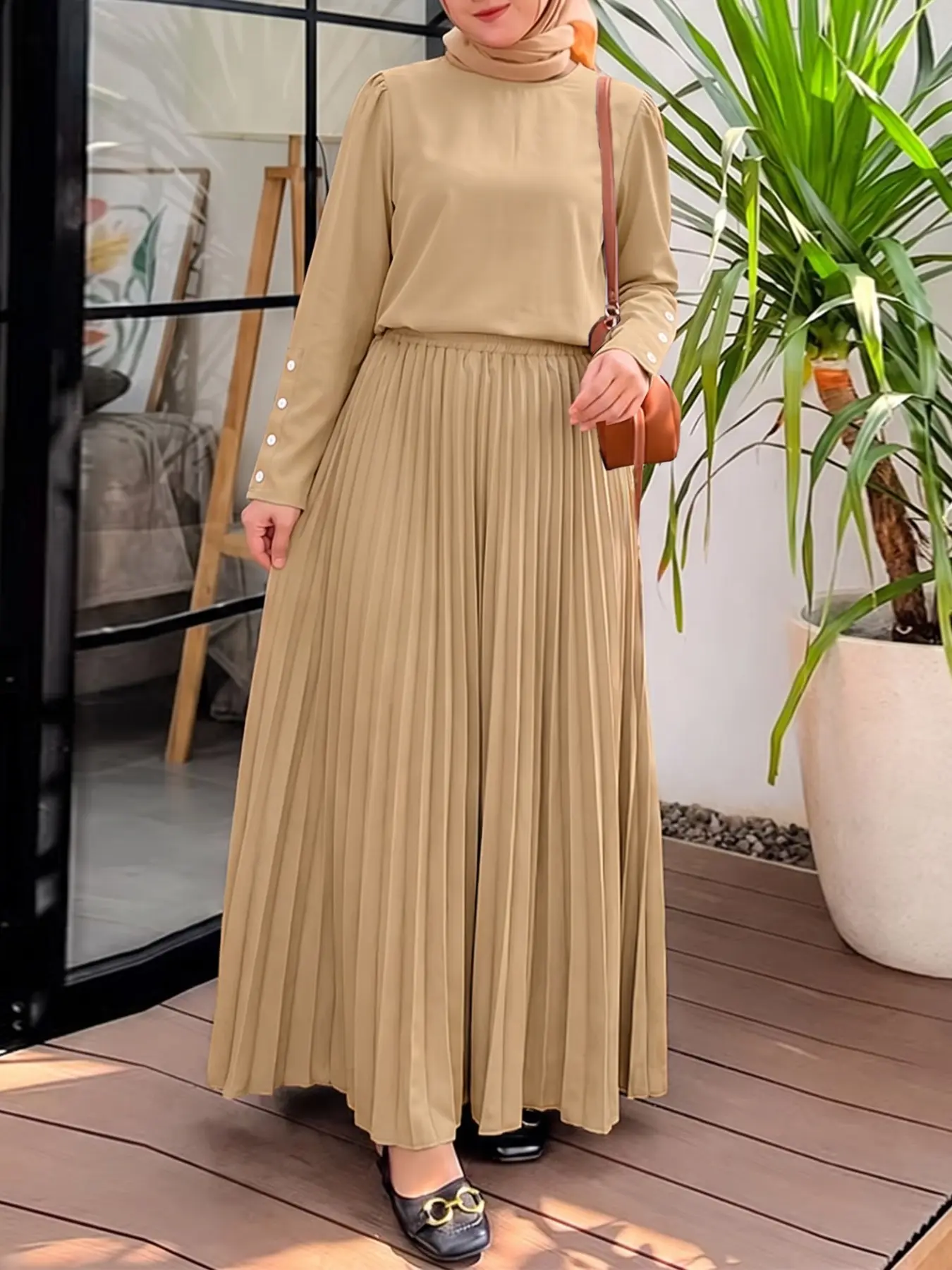 ZANZEA Women's Round Neck Long Sleeve Buttoned Jacket, Elastic Waist Pleated Skirt Matching Set, Two-Piece, No Pockets, Fashionable Ensemble