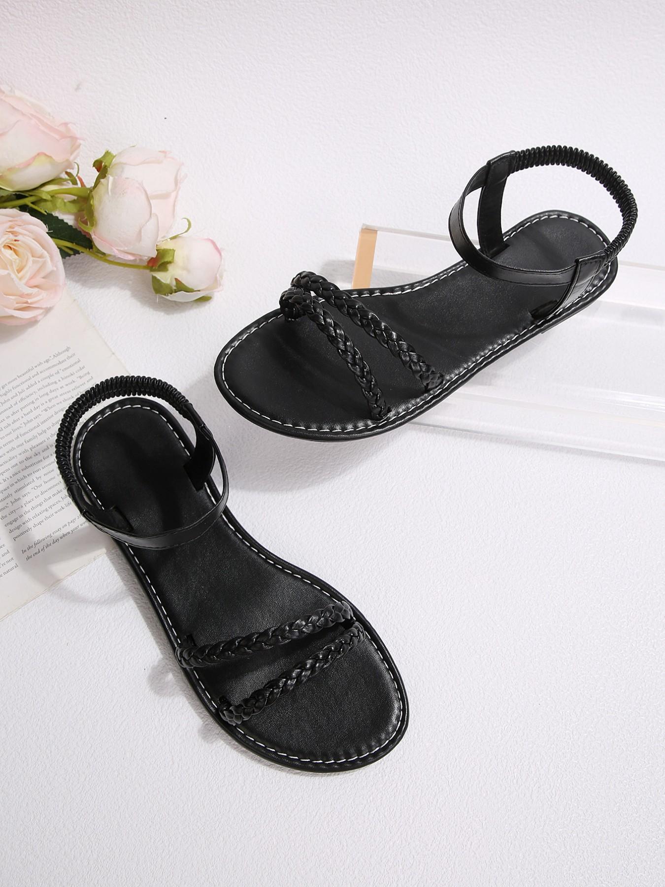 Boho Style Fashion Braided Flat Sandals, Comfortable Elastic Ankle Strap Beach Shoes, Stylish and Versatile Footwear for Summer