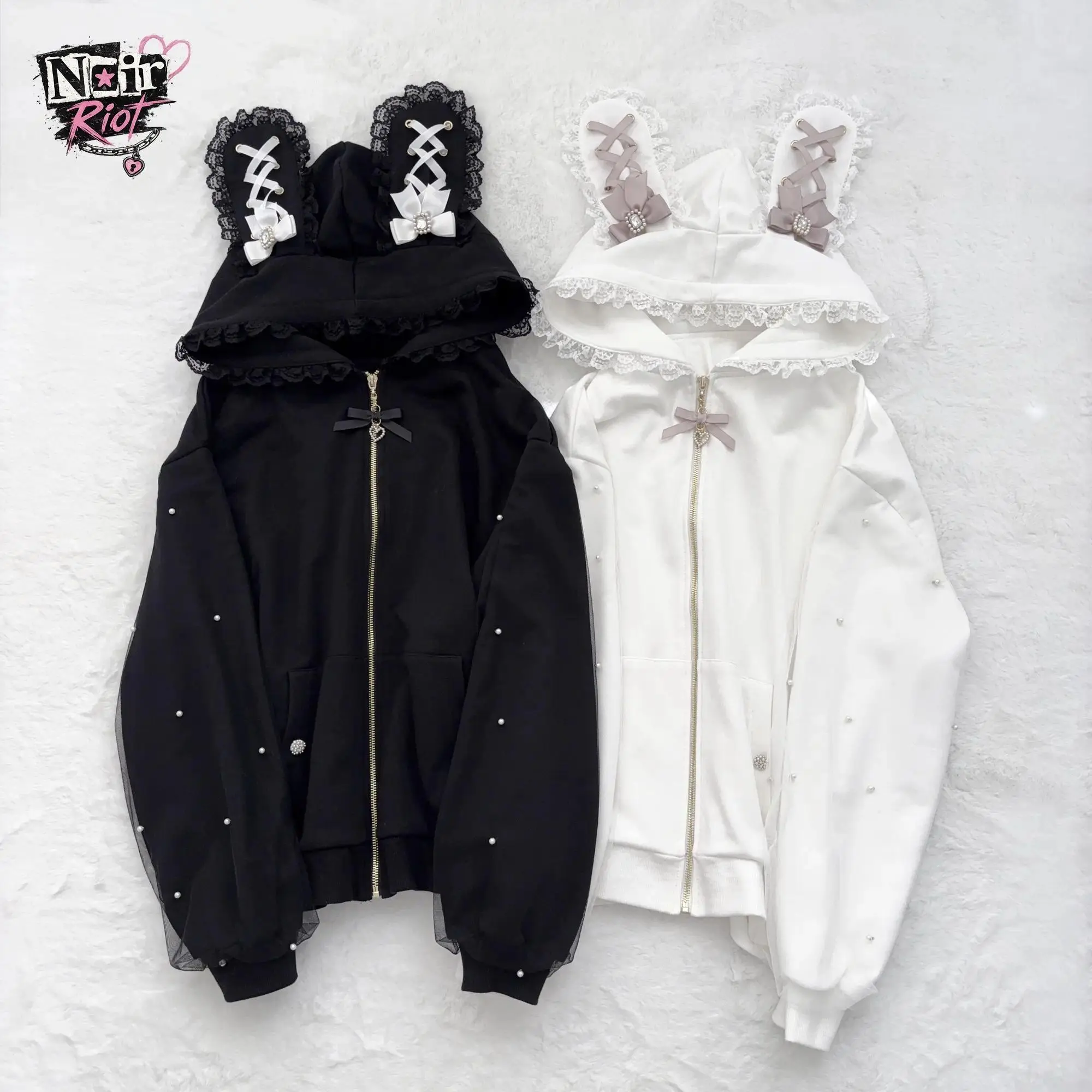 Japanese Gothic Kawaii Japanese Subculture Women Zip Up Bunny Ear Hoodie Lace Bow Pearl Fleece Oversized Casual Harajuku Coat