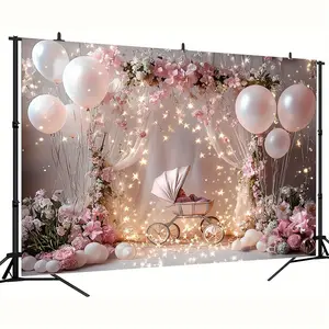 2D flat banner, 1 piece, pastel-colored balloons and fabric background, with layered arch design - luxurious shower, wedding, birthday party decoration - sturdy frame compatible with photo background, dyz