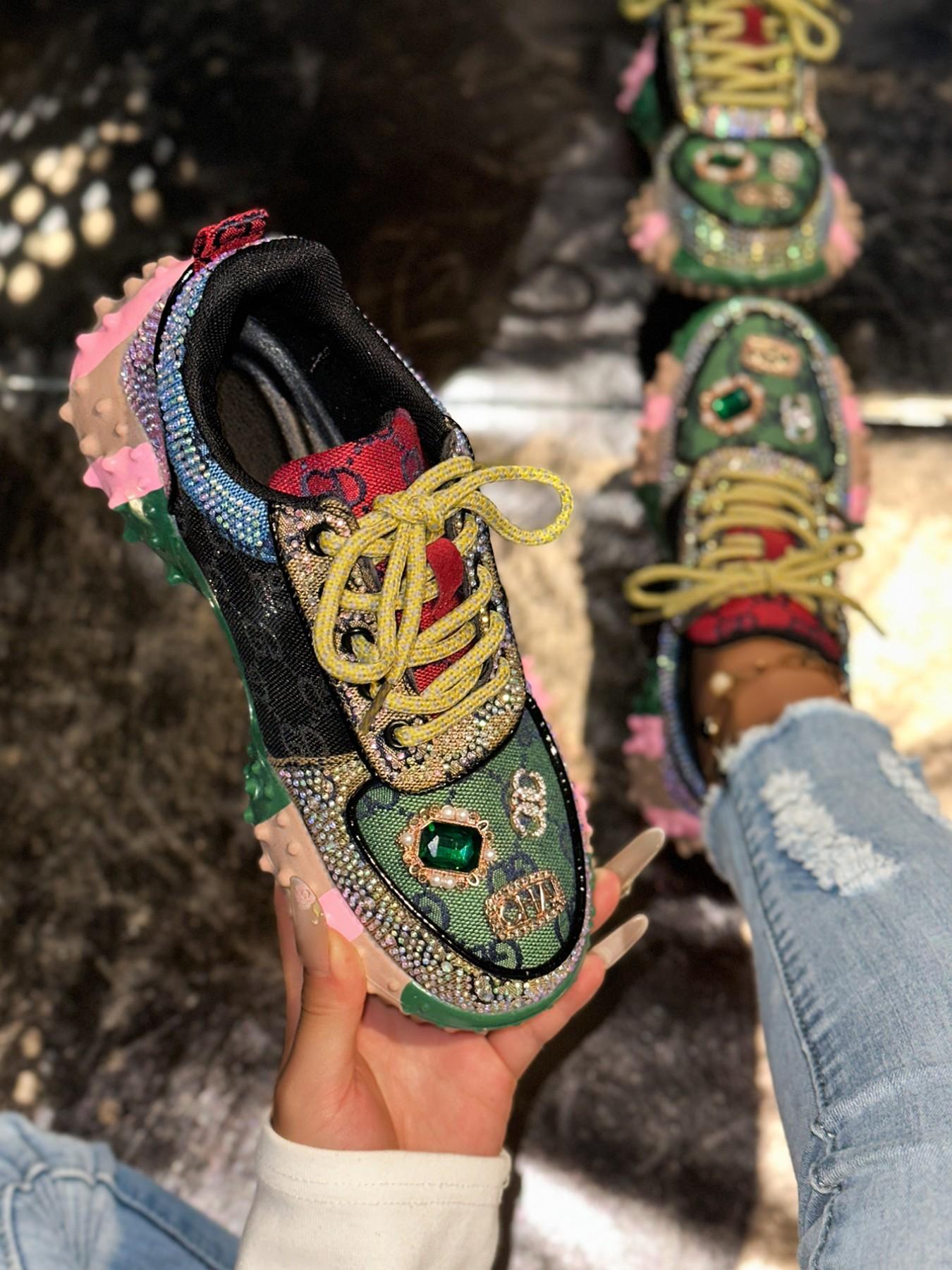 Women's Thick Sole Height Increasing Dad Shoes, Handmade Embellished Fashion Luxury Casual Women's Shoes, Unique Design Comfortable Sneakers