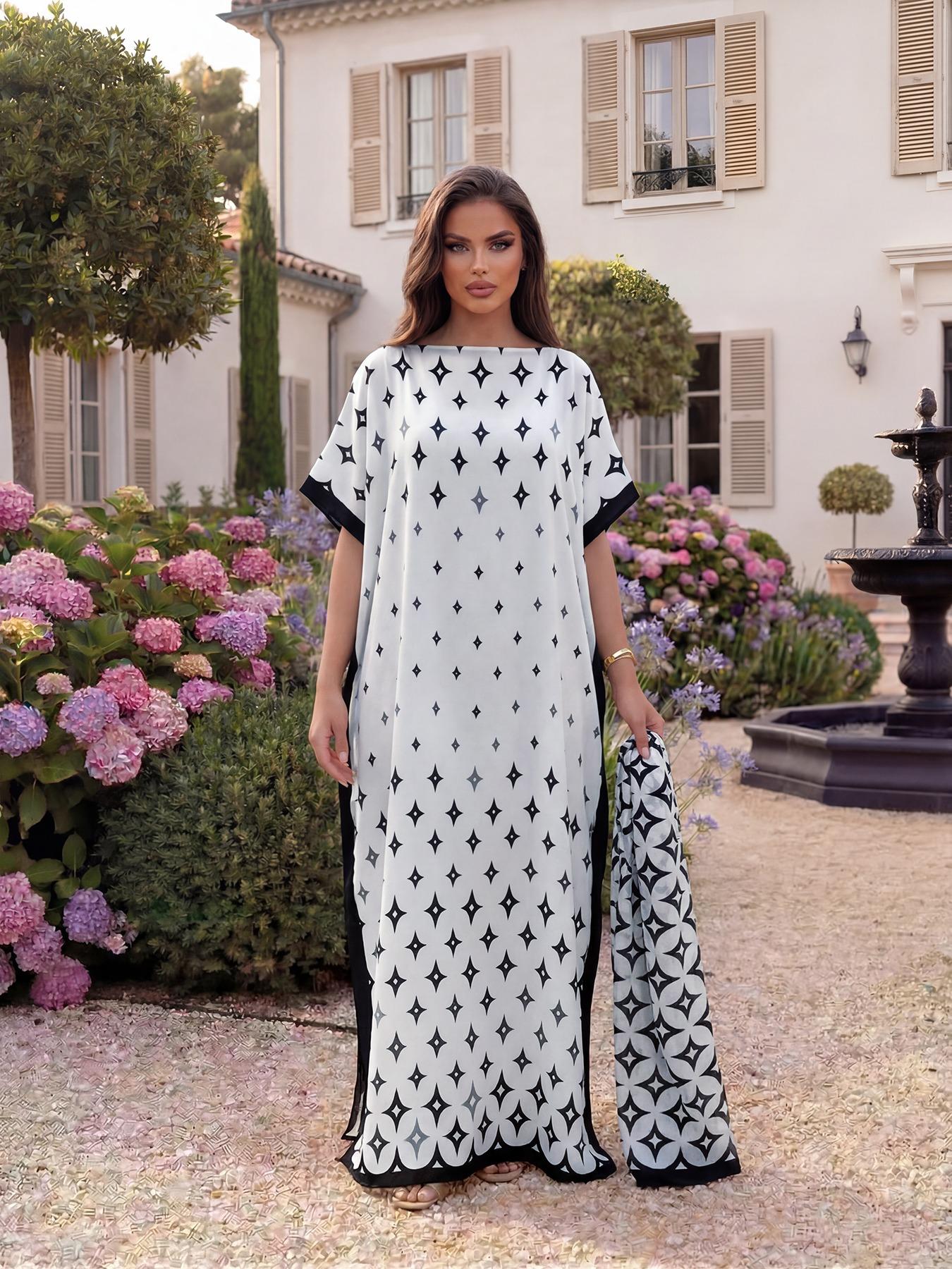 Elegant Geometric Print Shawl Set, Fitted Long Robe with Headscarf, Sun Protection Silk Scarf, Beachwear for Women, All Seasons, Swimsuit Coverup, Beach Cover Ups, Swimwear Cover Up