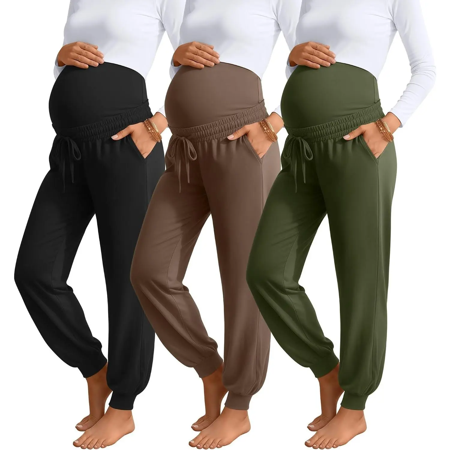 3 Pack Women's Maternity Pants Loose Fit Over Belly Casual Drawstring Pregnancy Joggers with Pockets