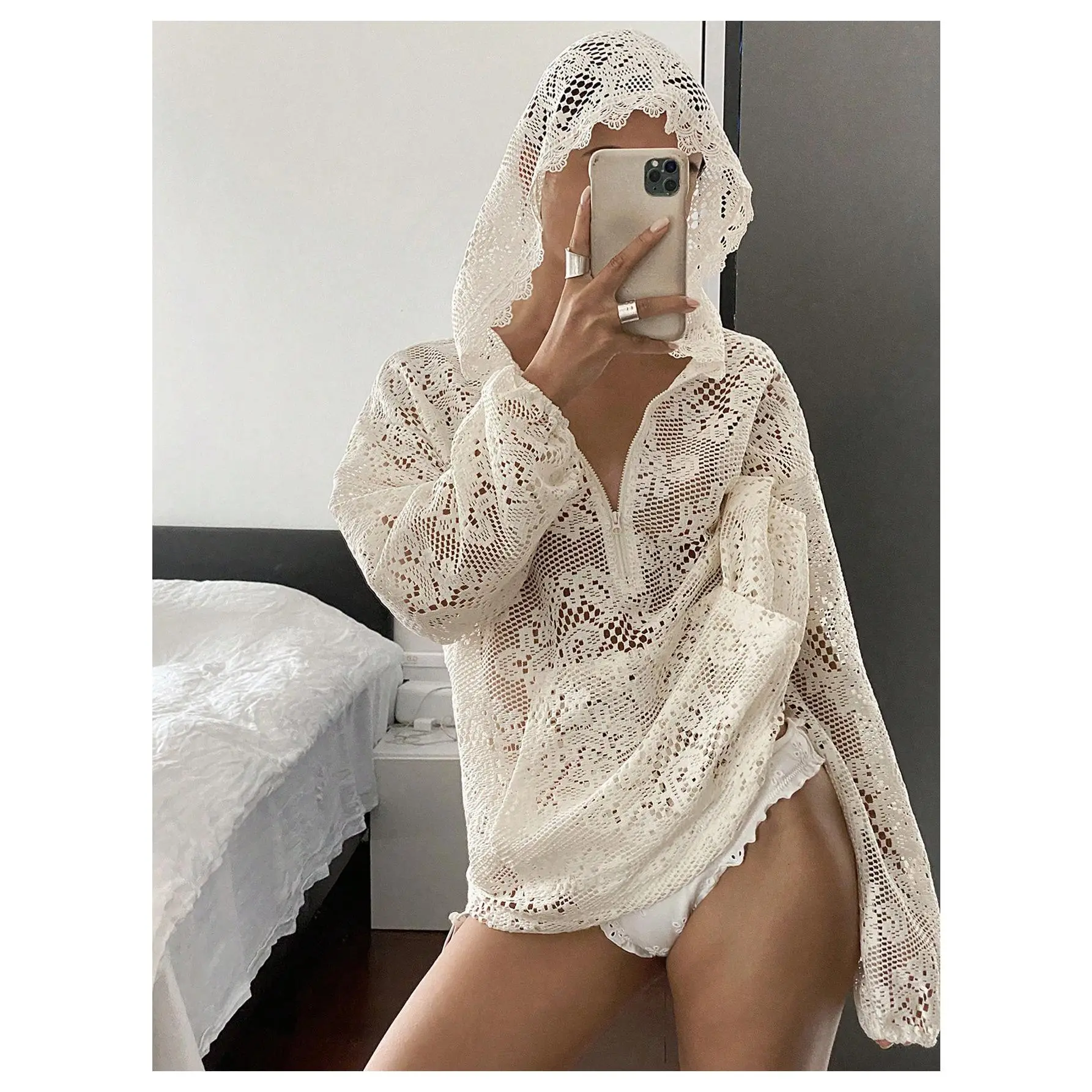 Women's Casual Chic Hoodie Sweatshirt - Long Sleeve, Half-Zip, Boho Crochet, Lace Hollow-Out Top, Beach Cover-Up