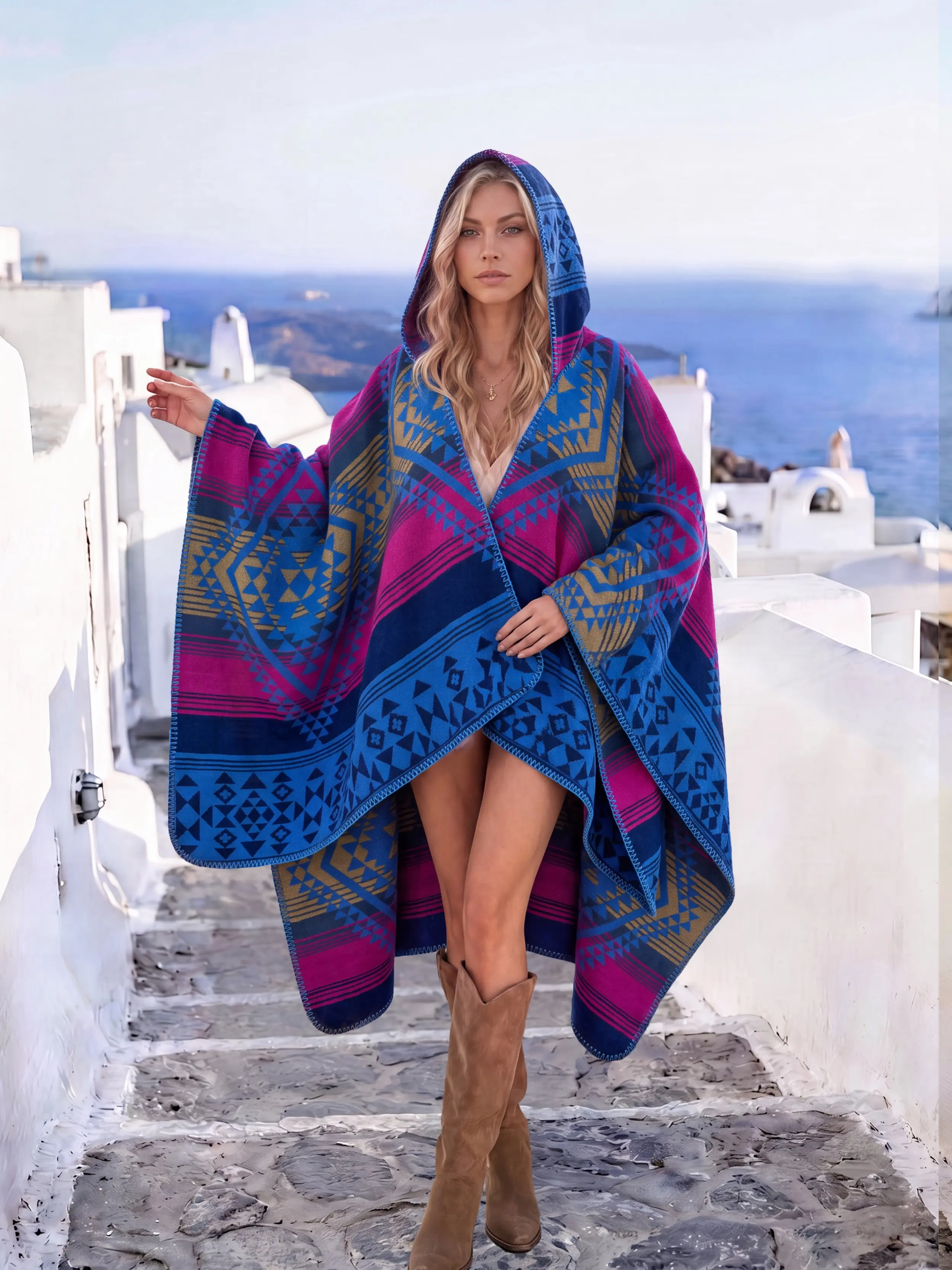 Women's Boho Geometric Print Shawl, Elegant Fashion Accessory, Warm and Comfortable, Hooded Windproof Design, Essential Stylish Wrap