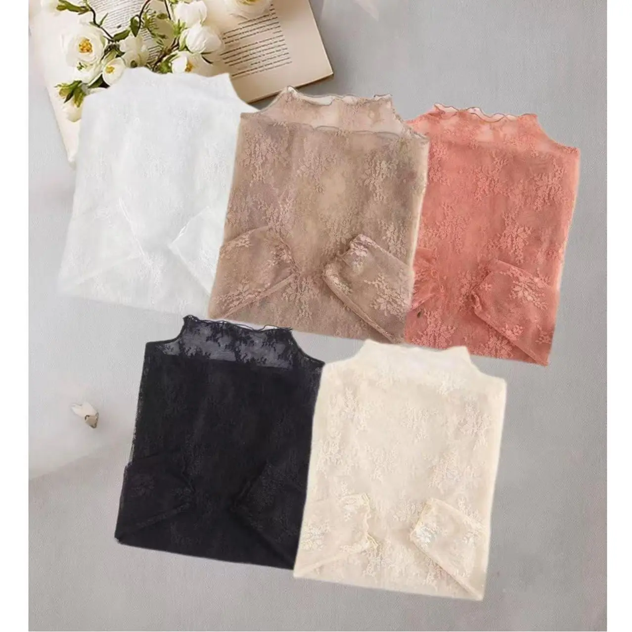 3pcs/5pcs 5Color Women Lace Turtleneck Blouses Autumn Winter Delicate Floral Basic Tops Vintage Aesthetic Classy Feminine Long Sleeve Inner Wear Blouses, Longsleeves, Shirts