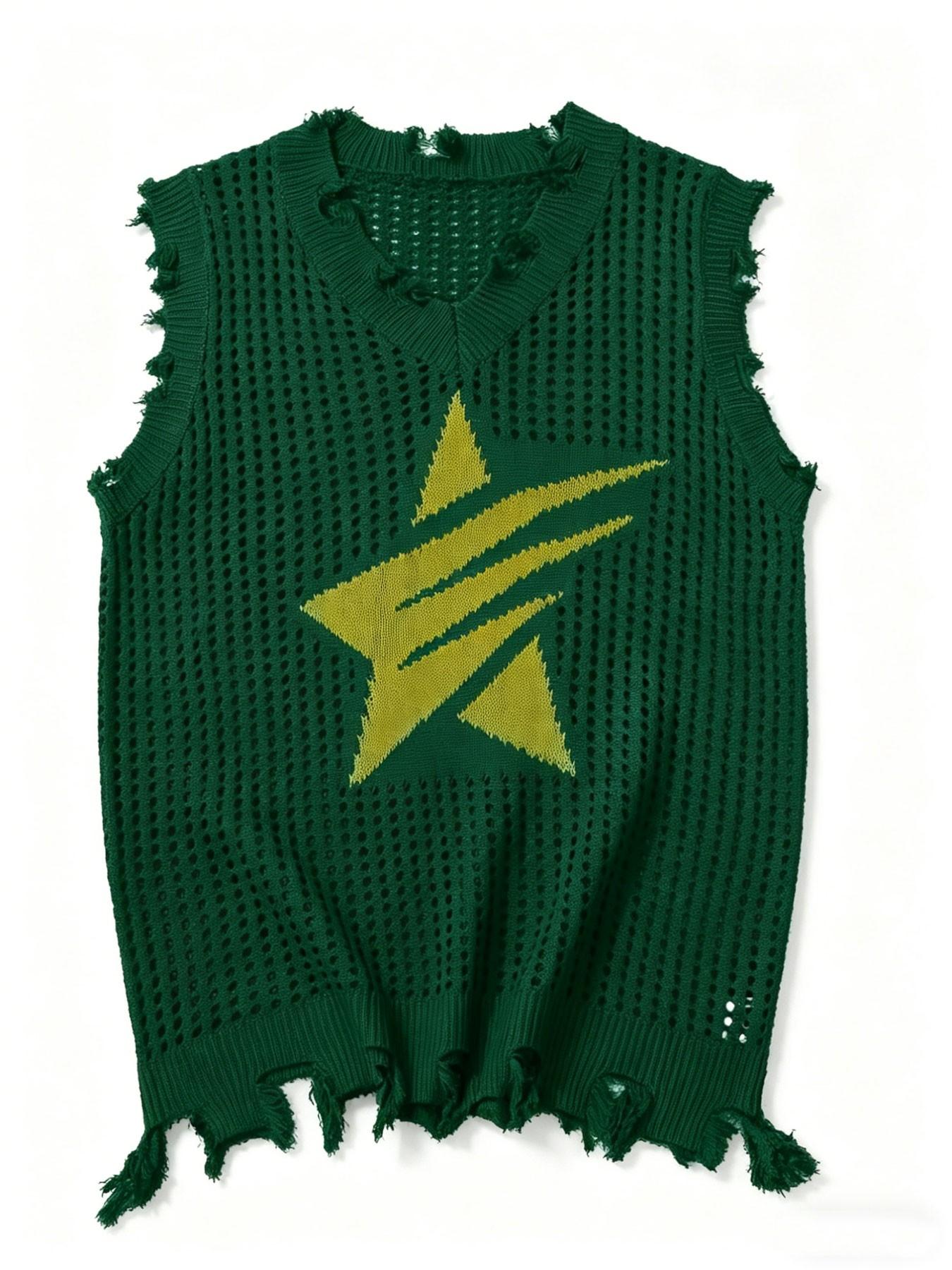 Men's Summer Trendy Knit Hollow Out Vest, Pentagram Pattern V-Neck Ripped Design, Casual Fitted Daily Wear, Perfect for Everyday Use