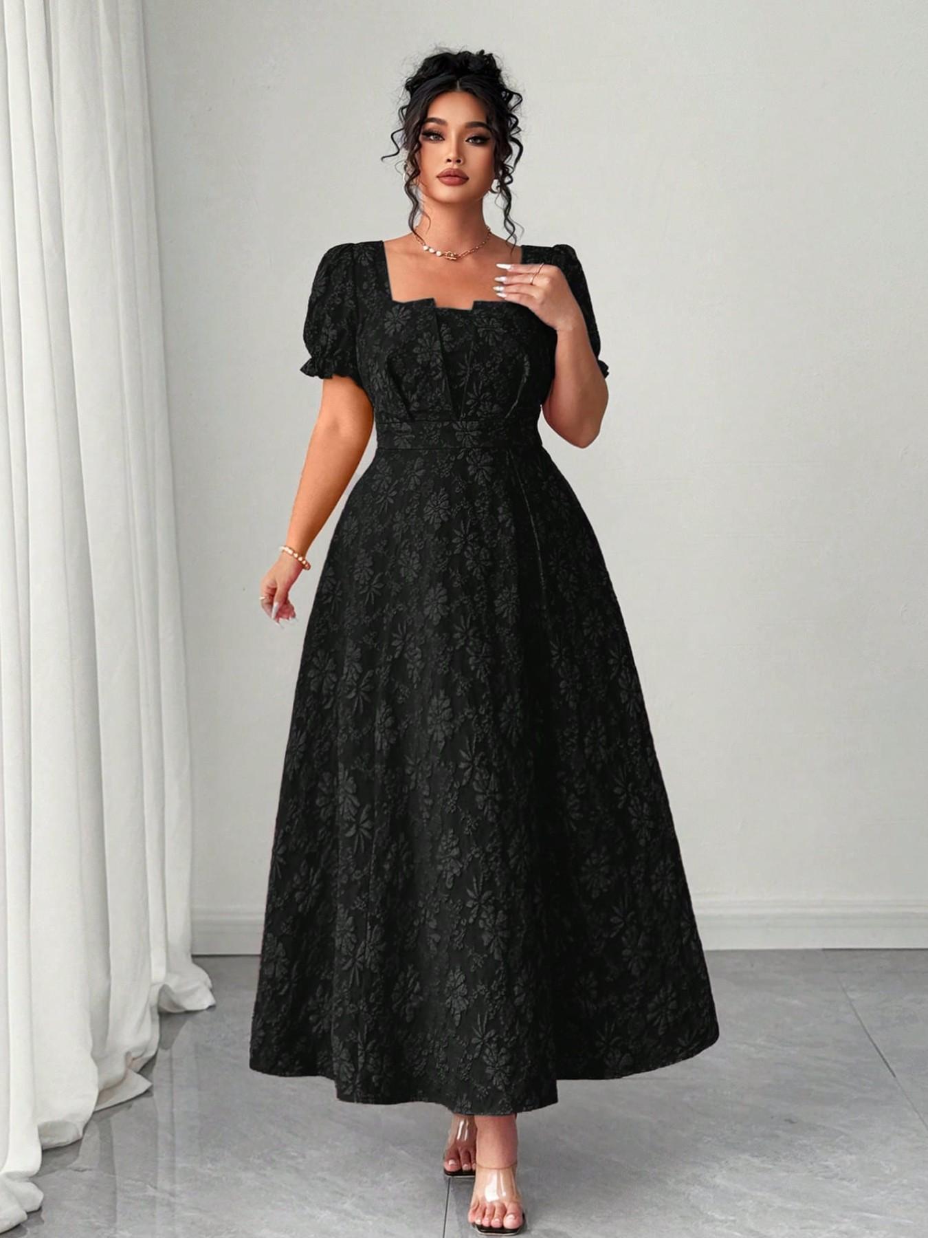 Plus Size Embroidered Square Neck Bubble Sleeve Belted A-Line Long Dress, Vintage Court Style, Elegant Women's Clothing