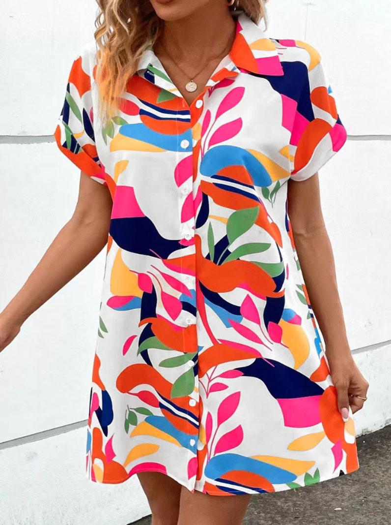 Plus Size Lapel Short Sleeve Shirt Dress, Botanical Print, Loose Curvy Friendly Mini Dress