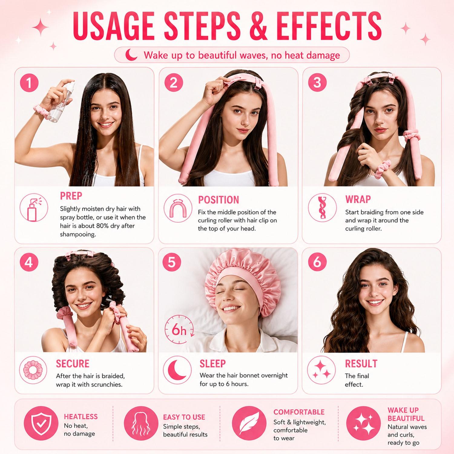 8Pcs Satin Heatless Curling Set, Luxury Overnight No-Heat Hair Curler Kit Heatless Hair Curlers with Satin Bonnet, Curling Headband, Scrunchies, Hair Clip & Hair Ties, Wake Up with Salon-Like Soft Curls, Smooth Waves & Frizz-Free Hair