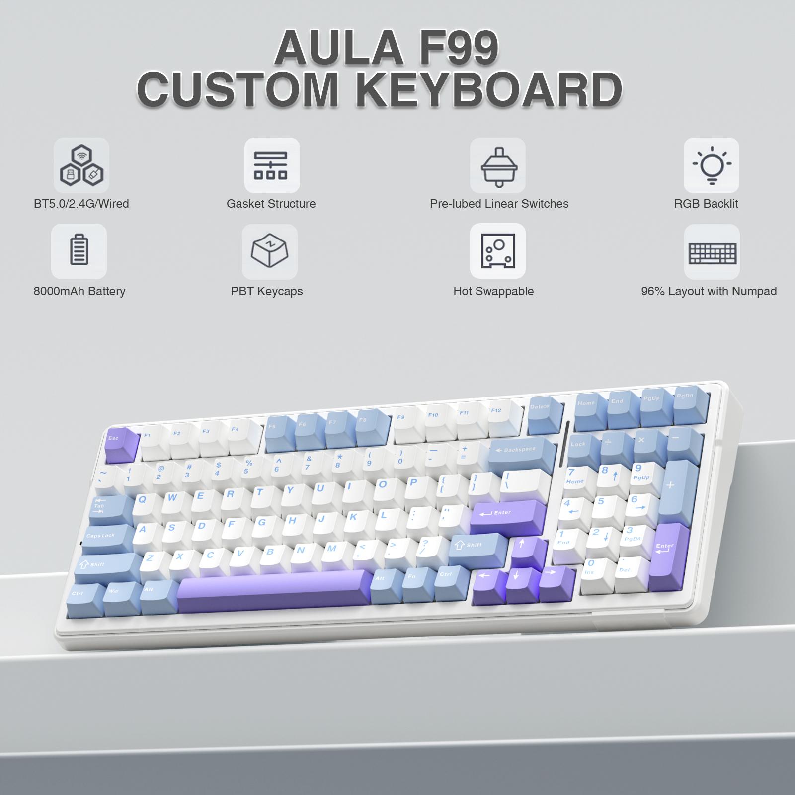 AULA F99 Wireless Mechanical Gaming Custom Keyboard, Numpad Tri-Mode BT5.0/2.4GHz/USB-C Gasket Hot Swappable, Pre-lubed Linear Switches, RGB Backlit Keyboard for Office Computer rainbow backlit Purple Creamy Budget Keyboard TikTokShopfalldealsforyou