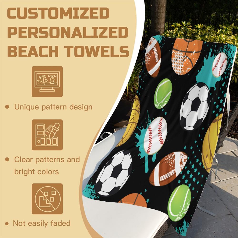 Graffiti Style Sports Ball Pattern Beach Towel, Lightweight Soft Microfiber Towel, Sand Resistant Quick Dry Bath Towel for Beach Travel Gym, Cool Sports Themed Summer Towel