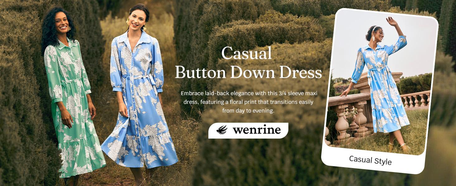Wenrine Women’s Maxi Shirt Dress Casual Floral Collared 3/4 Long Sleeve Drawstring Waist Fall Button Down Dresses Wenrine Women’s Maxi Shirt Dress Casual Floral Collared 3/4 Long Sleeve Drawstring Waist Fall Button Down Dresses