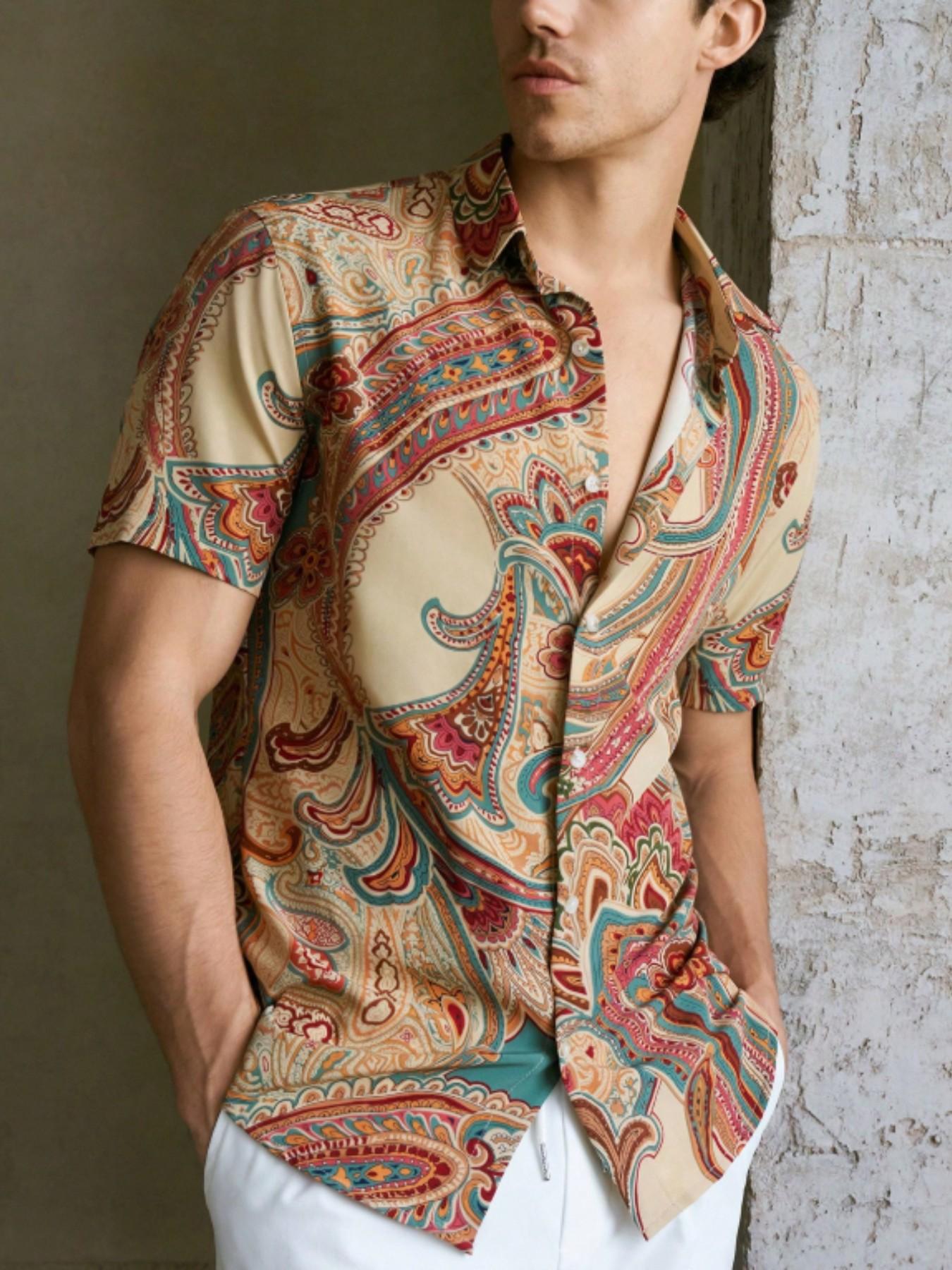 Vintage Floral Print Short Sleeve Shirt for Men, Summer Loose Fit Casual Vacation Style, American Hawaiian Beach Top