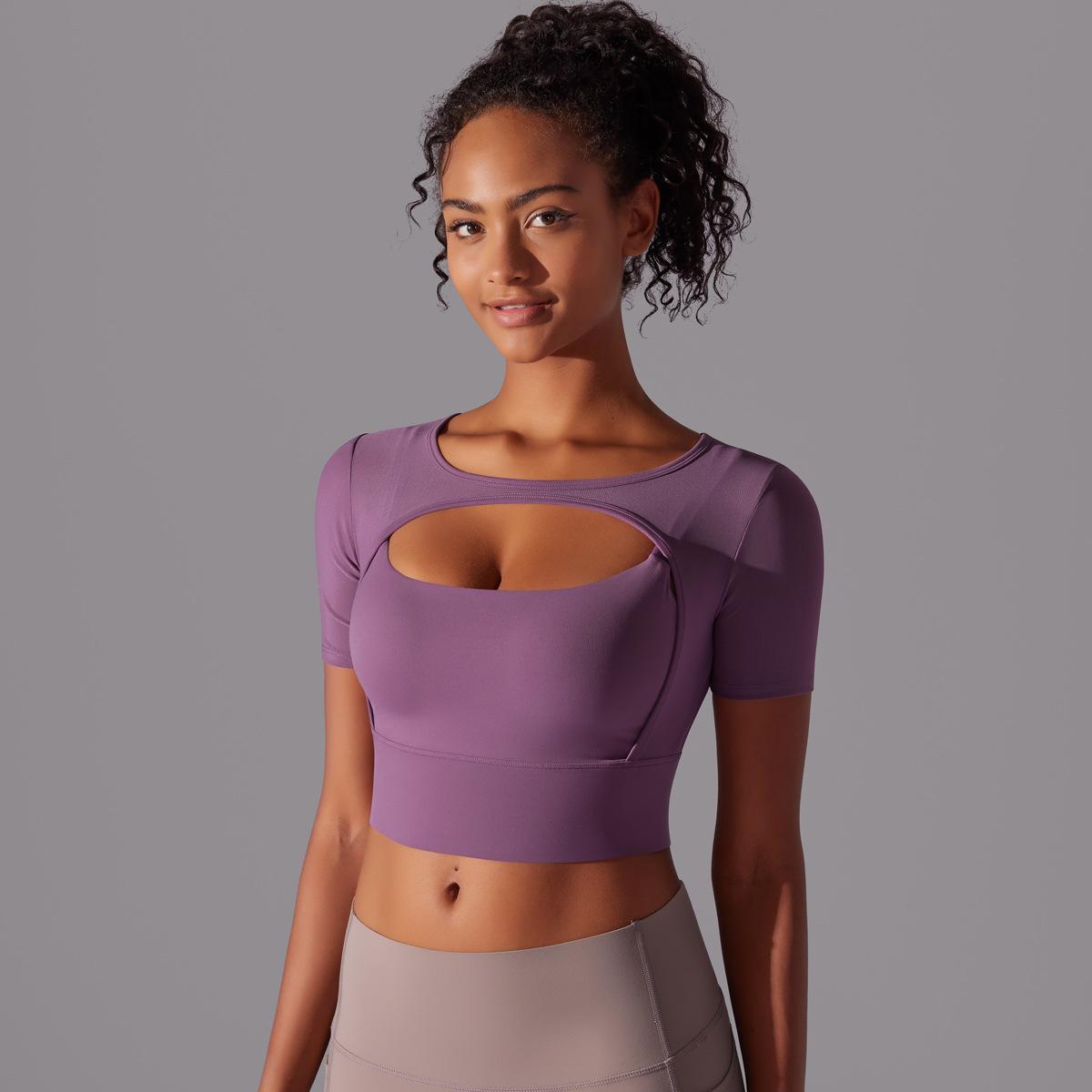 Classic Solid Color Mesh Stitching Double-Layer Short Sleeve Racerback Bra Top Women - Running, Fitness, Yoga Workout Top1123