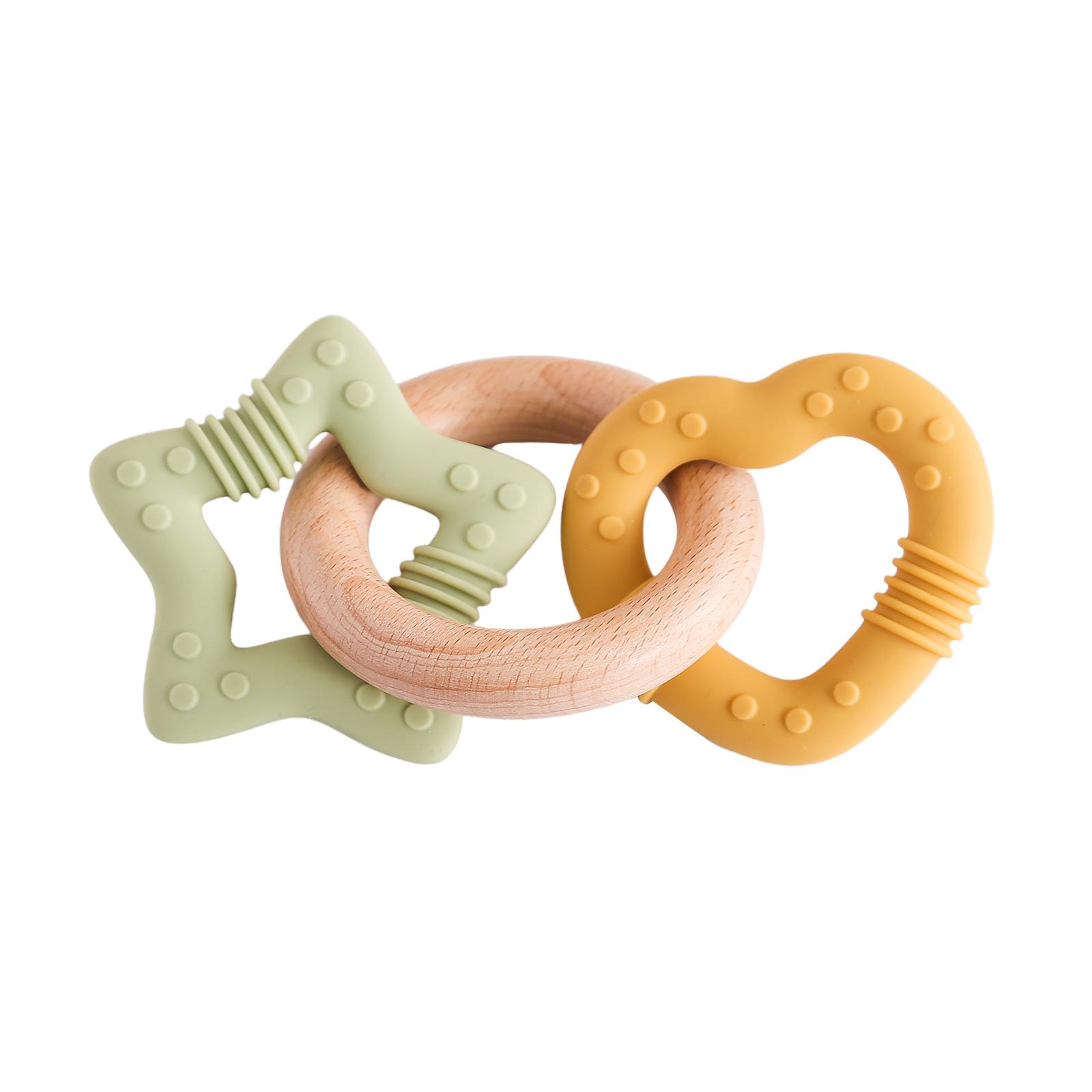 Baby Silicone Wooden Teething Toy, Heart Star Multi Texture Chewable, Infant Soothing Teether, Anti-Sucking Educational Rattle Gift