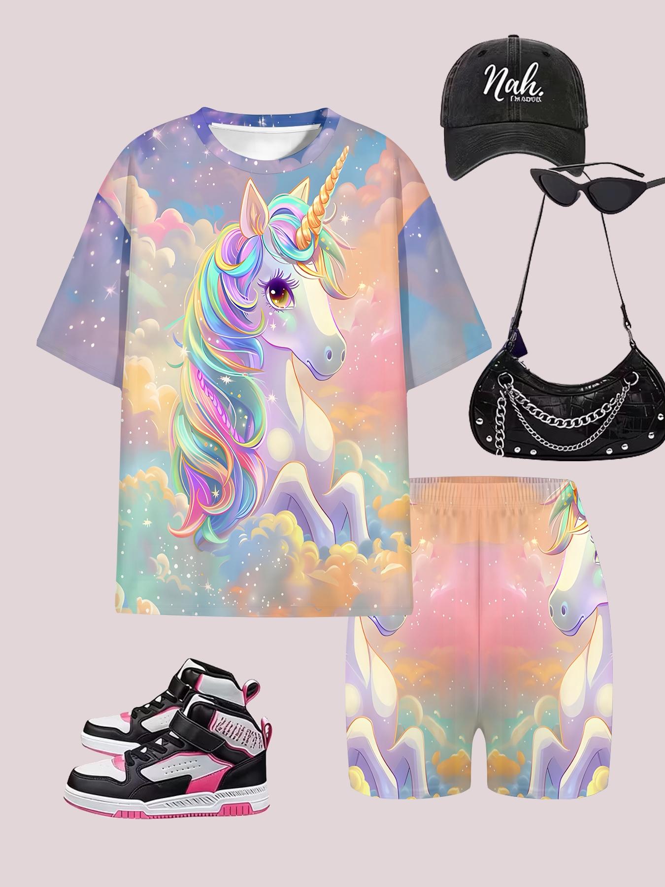 Girls Summer Cloud Rainbow Unicorn Set, Kids Dreamy Galaxy Short Sleeve & Shorts Two-Piece Outfit