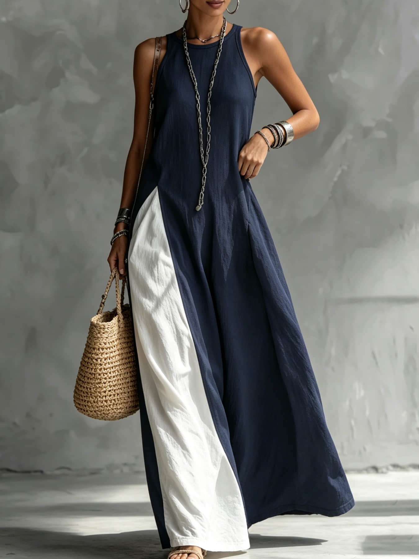A relaxed, casual boho women's color-blocking dress, Boho Fashion beach sundress, with sleeveless vest, draping and flesh-concealing long skirt, suitable for summer, beach vacation, dating