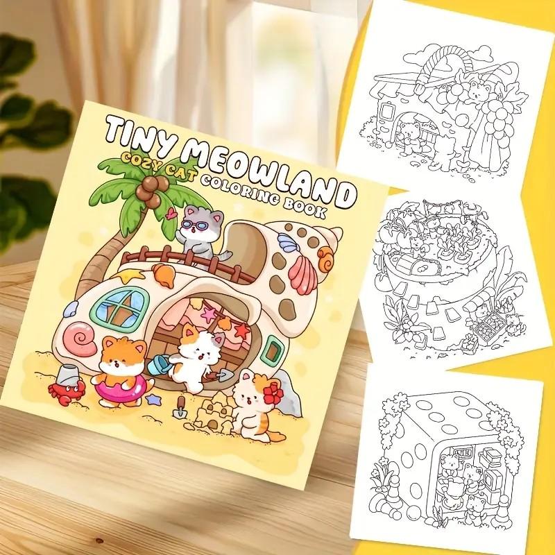 Bold & Easy Cute Kawaii Tiny Meowland Cozy Cat Coloring Book for Kids & Adults, 22 Coloring Pages on 120gsm Thick No Bleed Paper, Odorless Glue Binding, Stress Relief Easy Coloring for All Ages