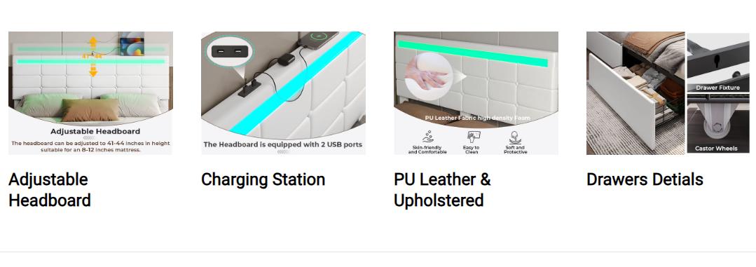 Sikaic PU Leather Platform Bed Frame With 4 Storage Drawers LED Lights Adjustable Headboard White angersbed Furniture Modern Grey Design