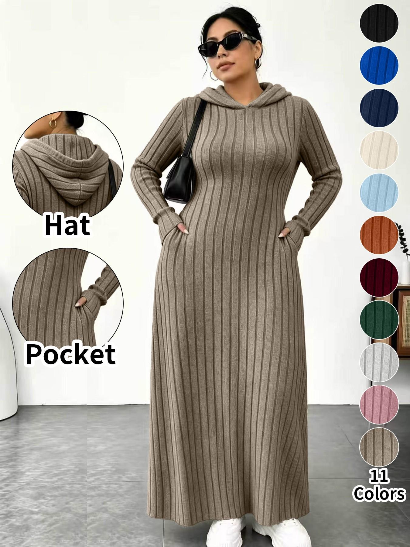 Plus Size Women's Long Knit Dress, 11 Colors Available, Slim Fit with Pockets, Micro Plus Size Slimming Hooded Top, Long Sleeve Base Layer