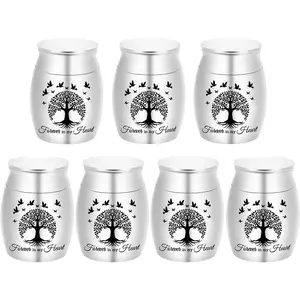 Mini Set of 7 Stainless Steel Memorial Ashes Holders - Small Keepsake Urns for Human Ashes - Perfect for Funeral - Forever in my heart (Silver-7pcs)