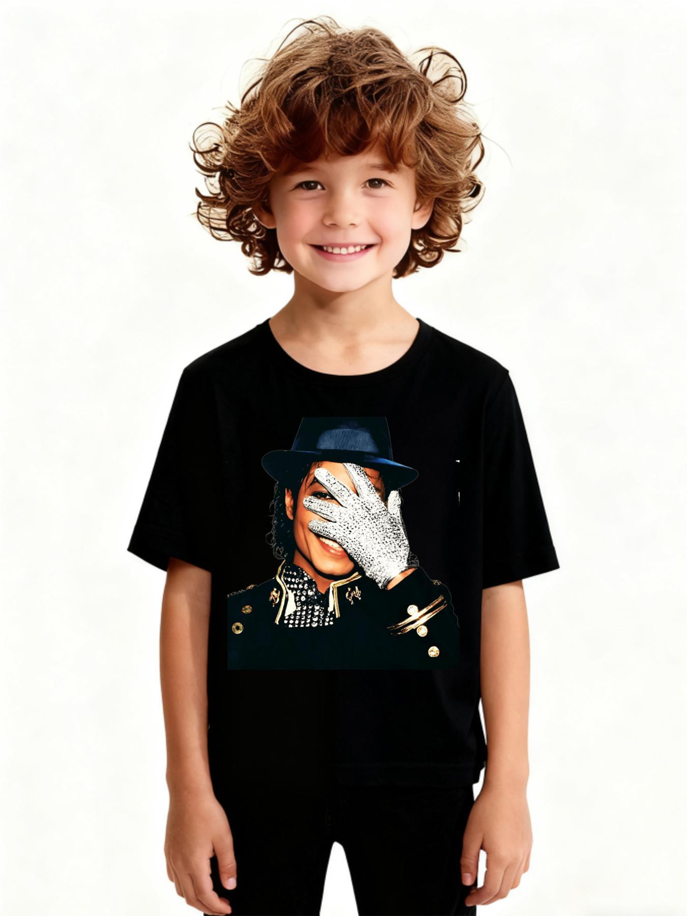 Kids Michael Jackson Classic Glove Portrait Graphic Tee Little Boy Shirts Original King of Pop Vintage Stage Print Cotton Compression Shirt Workout Tops Cool Outdoor Stuff Boys Girls Pop Legend Casual Summer Boy Gifts Back To School Clothes Shirts For Gir